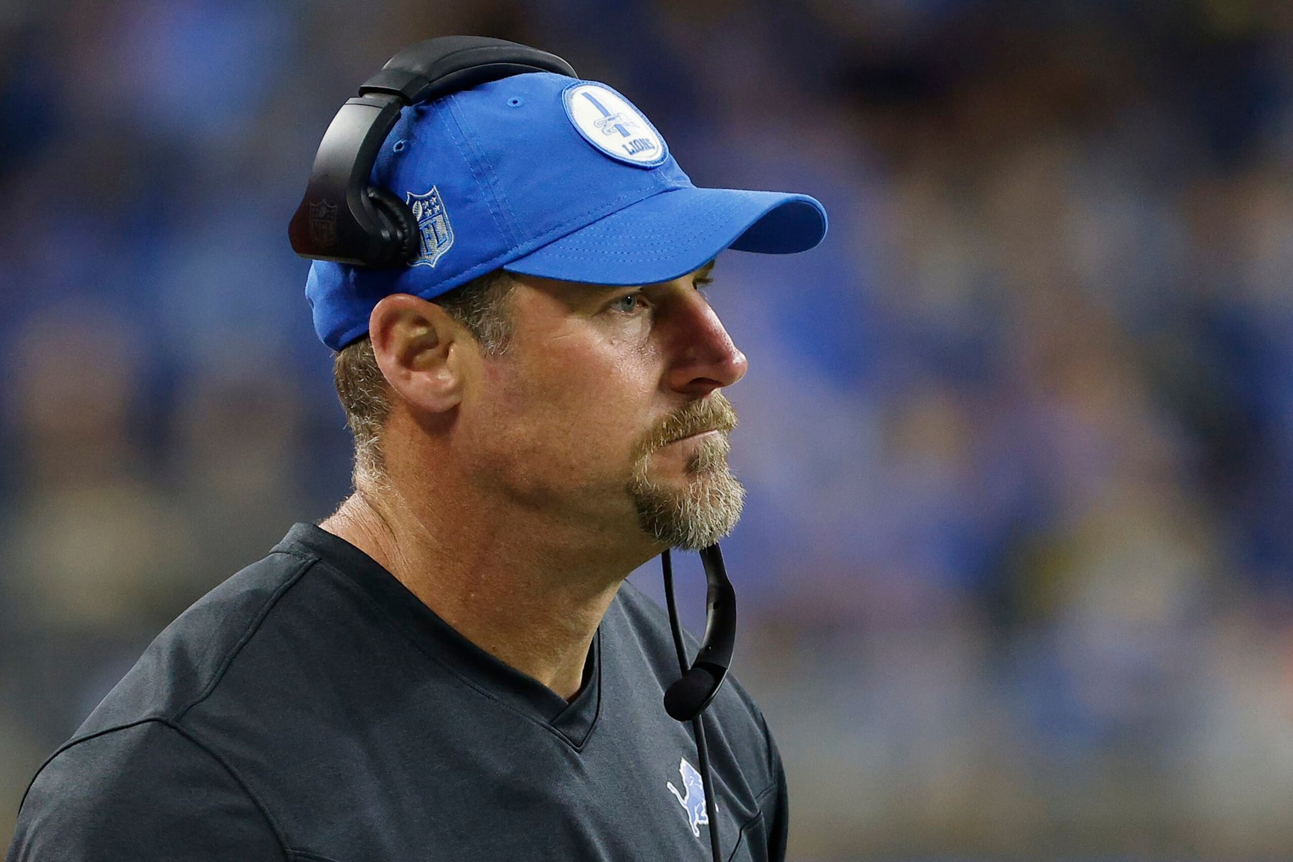 DETROIT, MICHIGAN - JANUARY 01: Head coach Dan Campbell of the Detroit Lions looks on in the second half of a game against the Chicago Bears at Ford Field on January 01, 2023 in Detroit, Michigan. (Photo by Mike Mulholland/Getty Images)