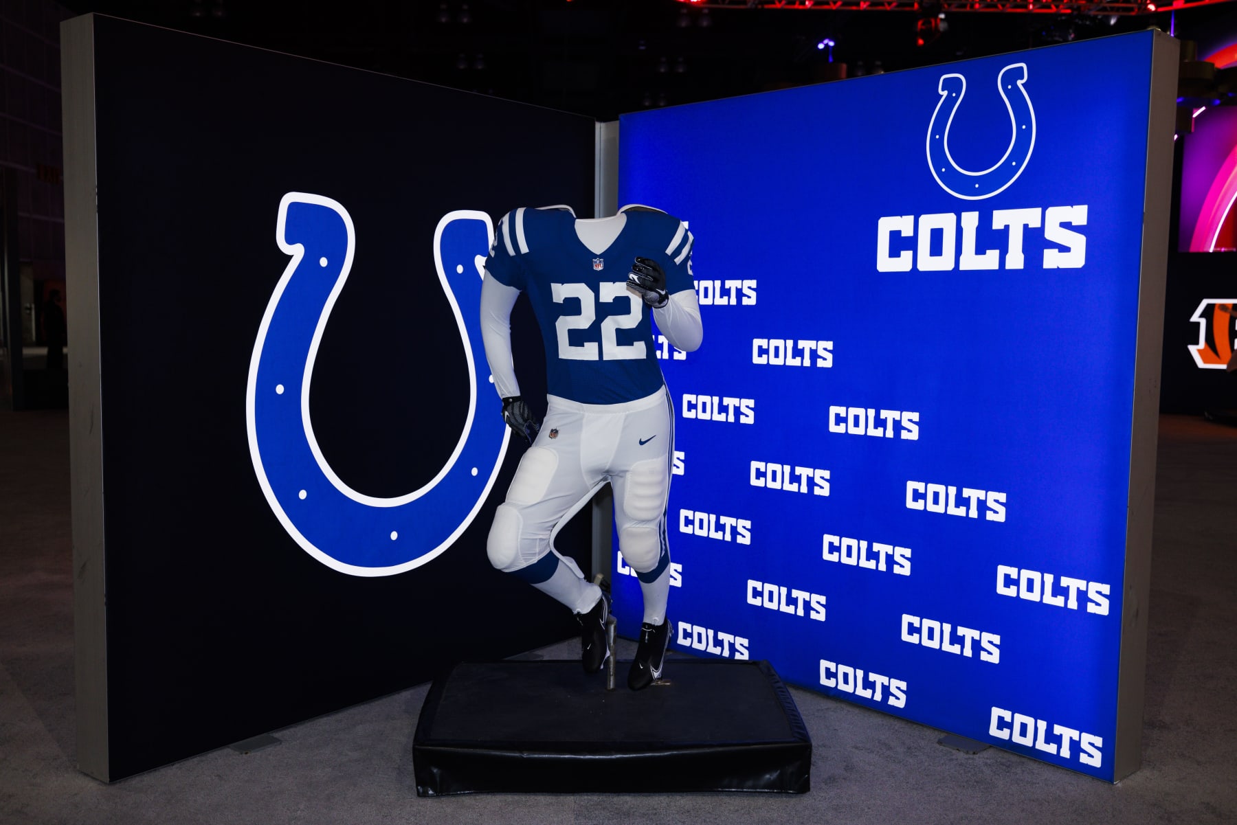 LOS ANGELES, CA - FEBRUARY 08: Detail view of the Indianapolis Colts uniform and logo seen at the Super Bowl Experience on February 08, 2022, at the Los Angeles Convention Center in Los Angeles, CA. (Photo by Ric Tapia/Icon Sportswire via Getty Images)