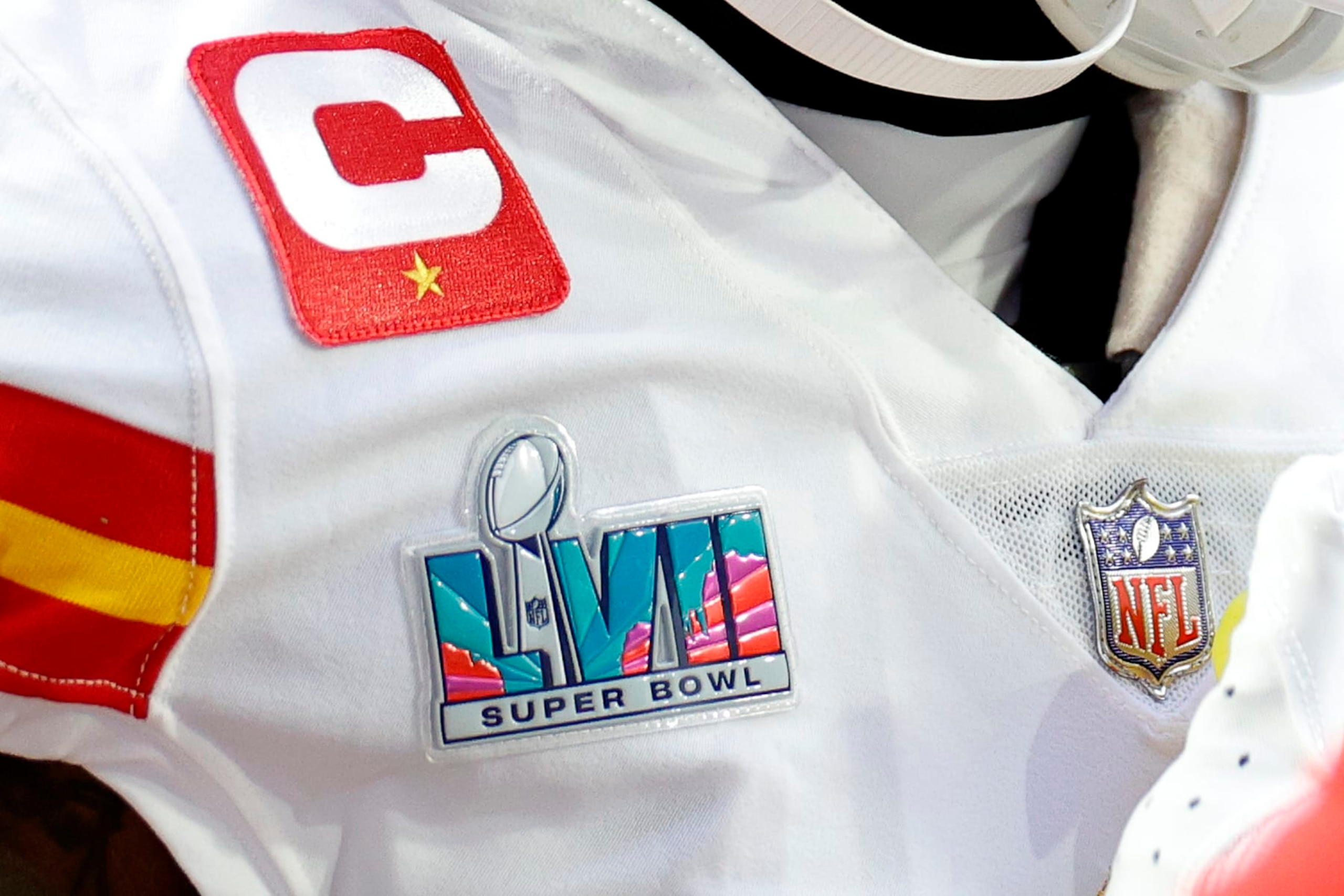 GLENDALE, ARIZONA - FEBRUARY 12: The Super Bowl LVII logo is seen on a jersey before Super Bowl LVII between the Kansas City Chiefs and the Philadelphia Eagles at State Farm Stadium on February 12, 2023 in Glendale, Arizona. (Photo by Carmen Mandato/Getty Images)