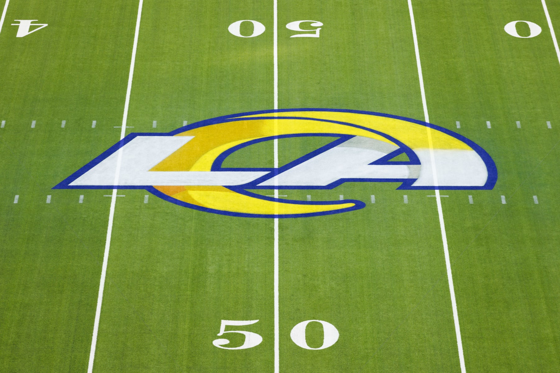 INGLEWOOD, CA - OCTOBER 30: Detail view of Los Angeles Rams logo on the field during an NFL football game between the San Francisco 49ers and the Los Angeles Rams on October 30, 2022 at SoFi Stadium in Inglewood, CA. (Photo by Ric Tapia/Icon Sportswire via Getty Images)