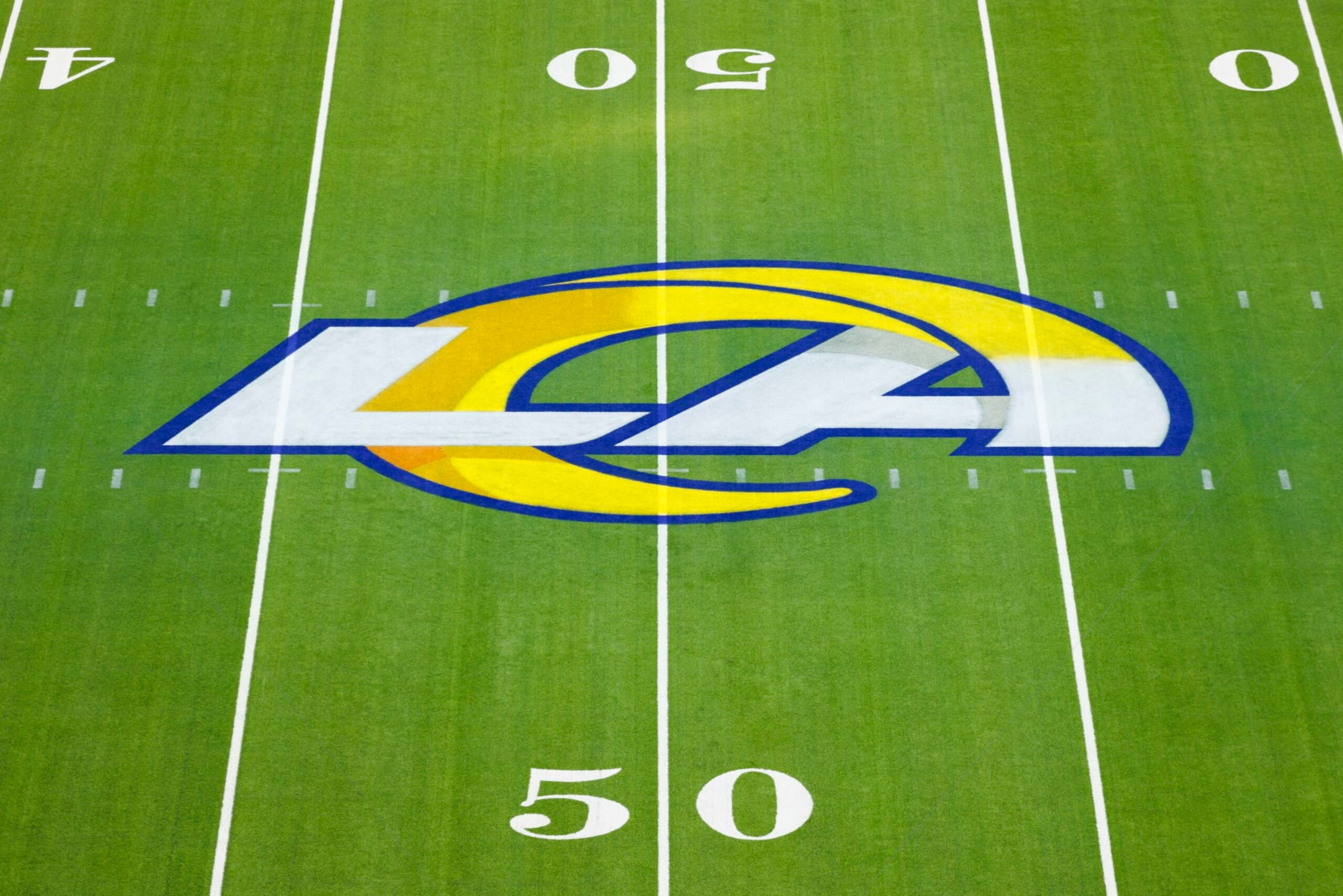 INGLEWOOD, CA - OCTOBER 30: Detail view of Los Angeles Rams logo on the field during an NFL football game between the San Francisco 49ers and the Los Angeles Rams on October 30, 2022 at SoFi Stadium in Inglewood, CA. (Photo by Ric Tapia/Icon Sportswire via Getty Images)