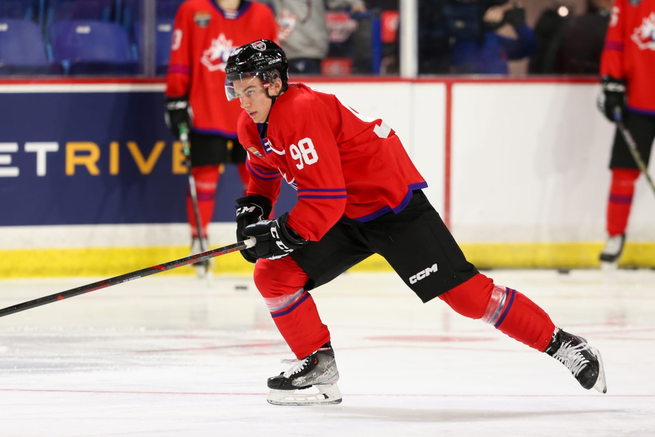 LANGLEY, BRITISH COLUMBIA - JANUARY 25: Forward Connor Bedard #98 of the Regina Pats skates for Team Red during the 2023 Kubota CHL Top Prospects Game Practice at the Langley Events Centre on January 25, 2023 in Langley, British Columbia. (Photo by Dennis Pajot/Getty Images)