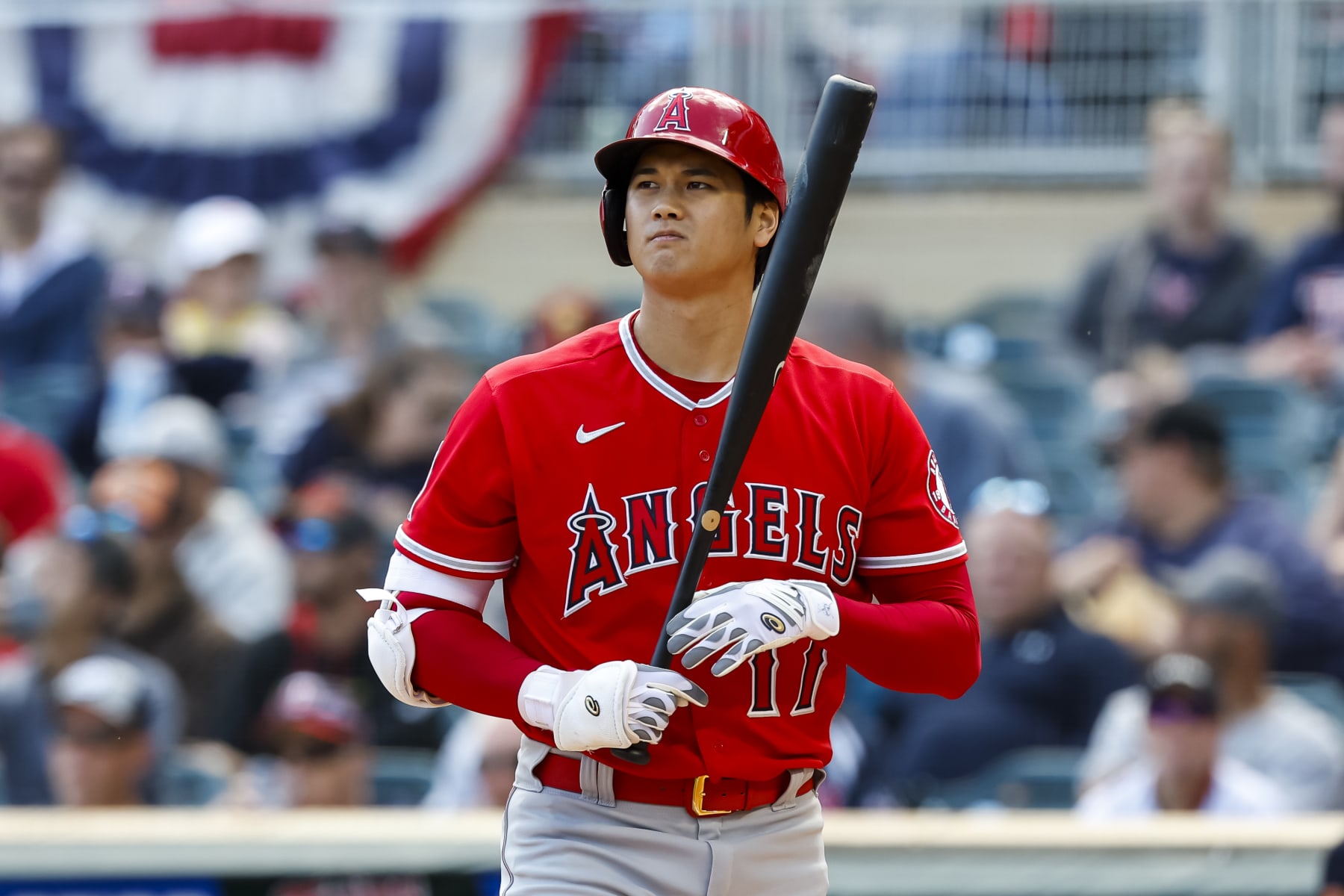 MINNEAPOLIS, MN - SEPTEMBER 25: Shohei Ohtani #17 of the Los Angeles Angels looks on during an at-bat against the Minnesota Twins in the first inning of the game at Target Field on September 25, 2022 in Minneapolis, Minnesota. (Photo by David Berding/Getty Images)