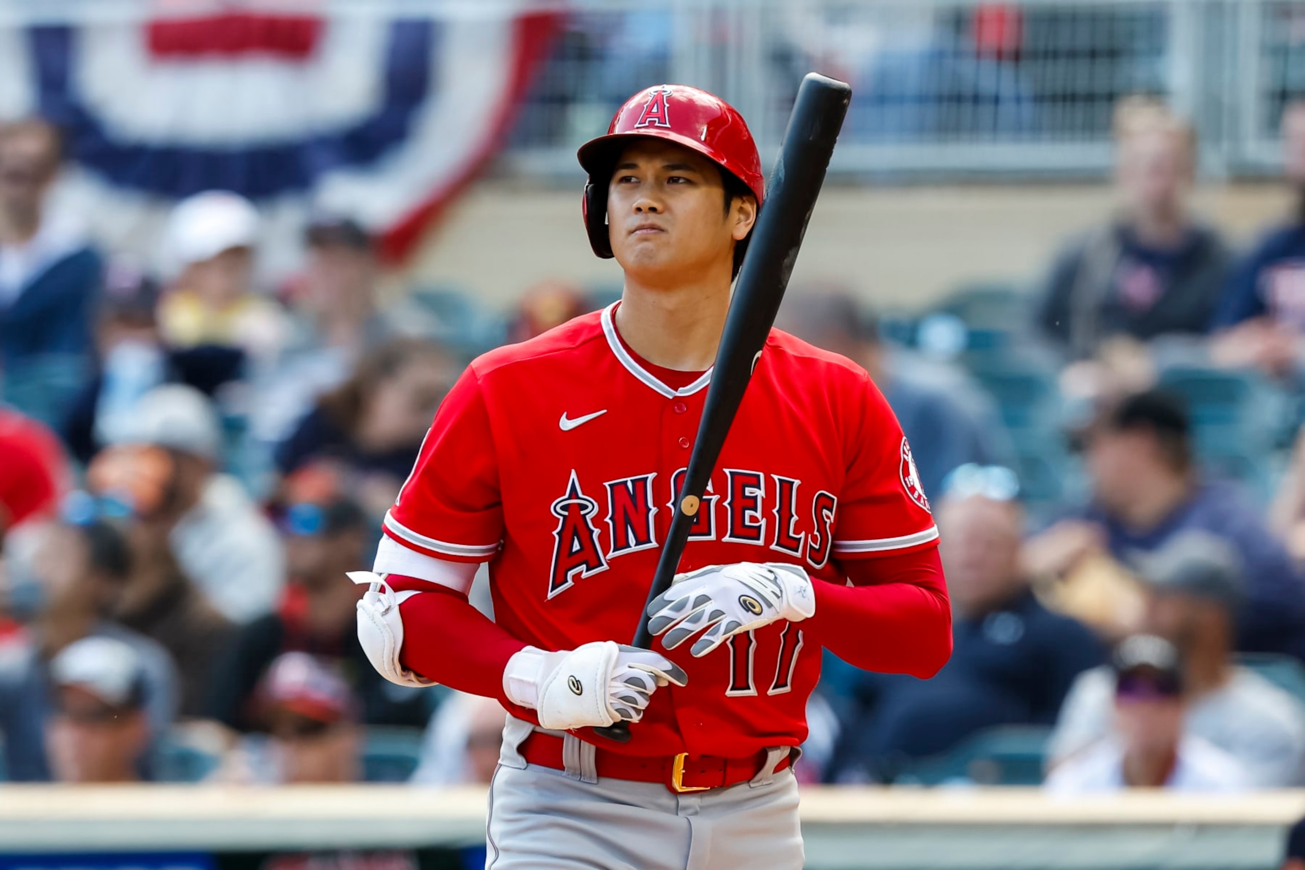 MINNEAPOLIS, MN - SEPTEMBER 25: Shohei Ohtani #17 of the Los Angeles Angels looks on during an at-bat against the Minnesota Twins in the first inning of the game at Target Field on September 25, 2022 in Minneapolis, Minnesota. (Photo by David Berding/Getty Images)