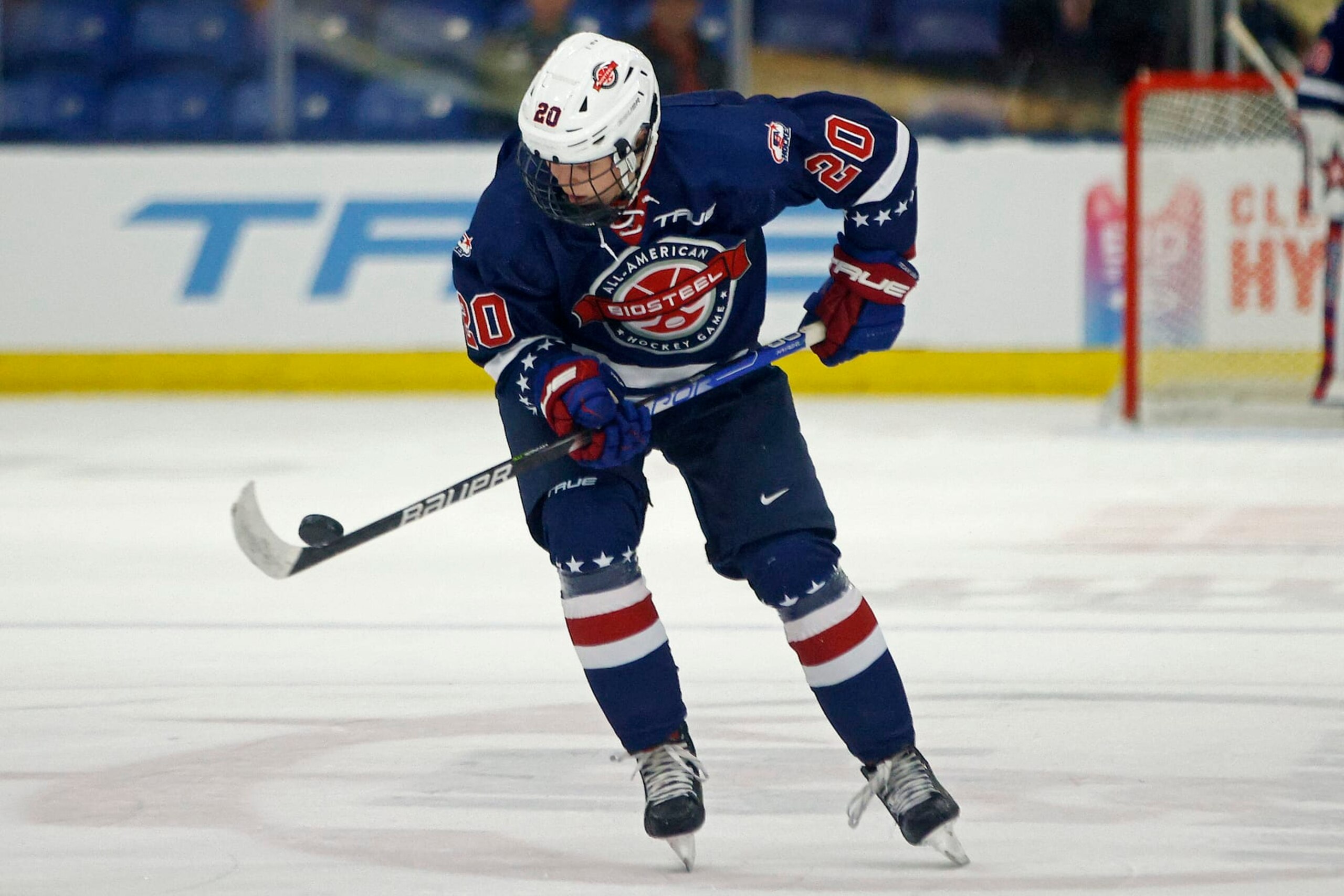 PLYMOUTH, MICHIGAN - JANUARY 16: Will Smith #20 of the United States stops the puck during the third period of the 2023 BioSteel All-American hockey game at USA Hockey Arena on January 16, 2023 in Plymouth, Michigan. (Photo by Mike Mulholland/Getty Images)