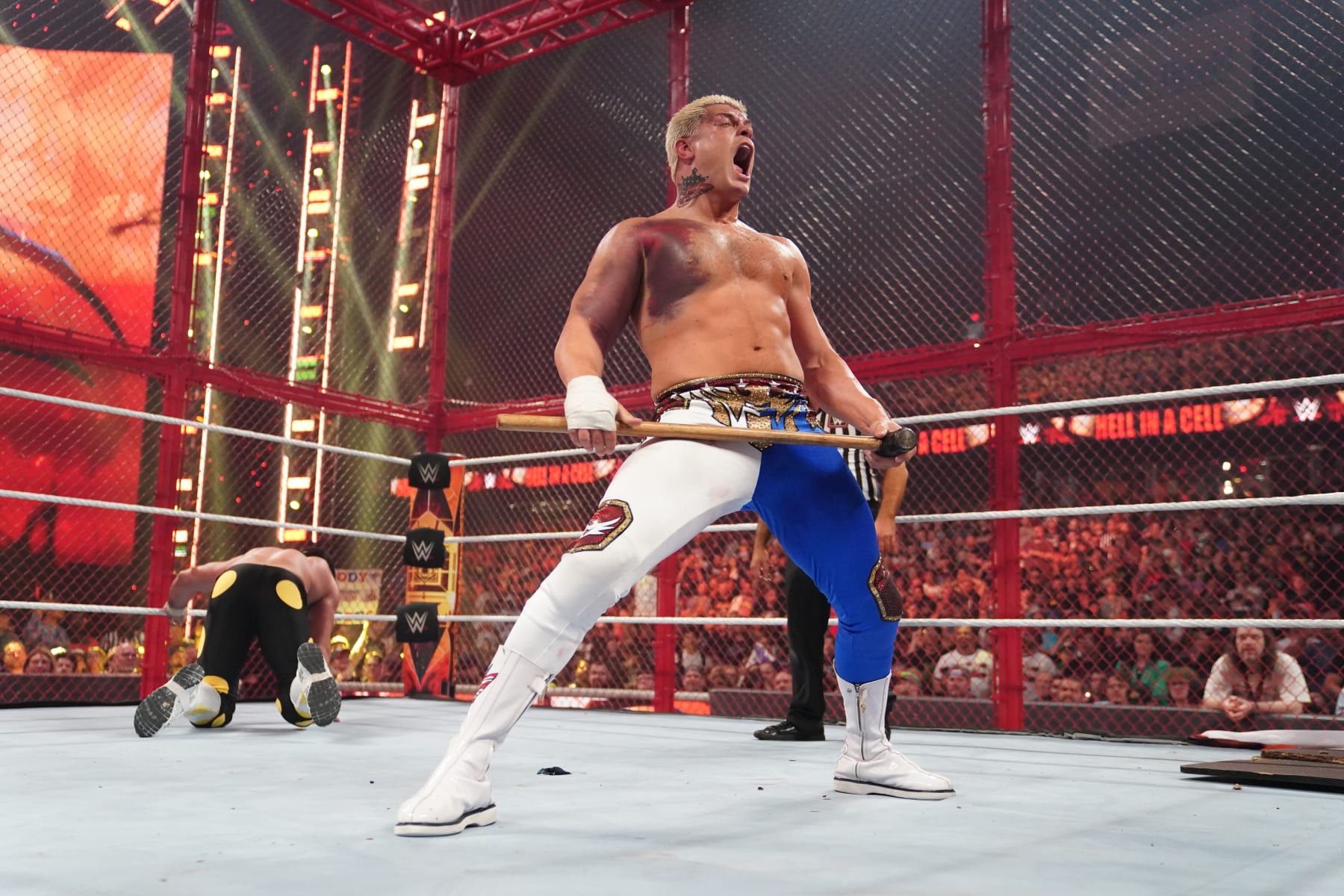 Rhodes battles Seth Rollins at Hell in a Cell in 2022.