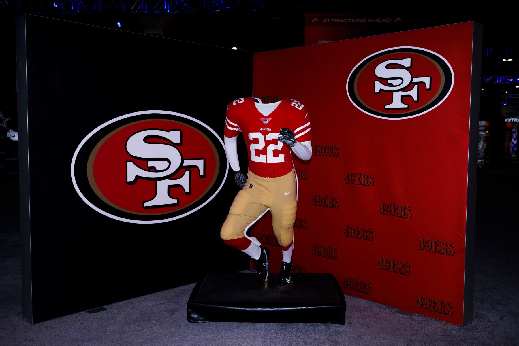 LOS ANGELES, CA - FEBRUARY 08: Detail view of the San Francisco 49ers uniform and logo seen at the Super Bowl Experience on February 08, 2022, at the Los Angeles Convention Center in Los Angeles, CA. (Photo by Ric Tapia/Icon Sportswire via Getty Images)