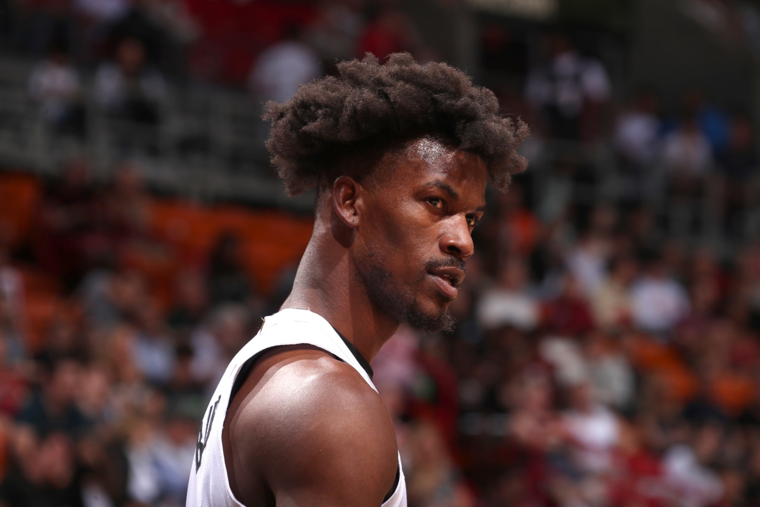 MIAMI, FL - MARCH 25:  Jimmy Butler #22 of the Miami Heat looks on during the game against the Brooklyn Nets on March 25, 2023 at Miami-Dade Arena in Miami, Florida. NOTE TO USER: User expressly acknowledges and agrees that, by downloading and or using this Photograph, user is consenting to the terms and conditions of the Getty Images License Agreement. Mandatory Copyright Notice: Copyright 2023 NBAE (Photo by Issac Baldizon/NBAE via Getty Images)