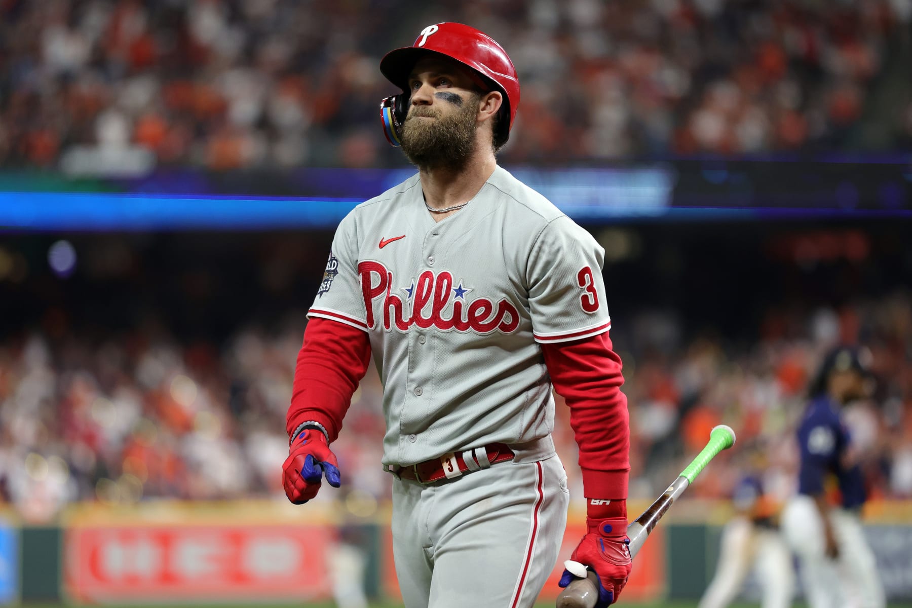 HOUSTON, TEXAS - NOVEMBER 05: Bryce Harper #3 of the Philadelphia Phillies reacts after striking out against the Houston Astros during the sixth inning in Game Six of the 2022 World Series at Minute Maid Park on November 05, 2022 in Houston, Texas. (Photo by Carmen Mandato/Getty Images)