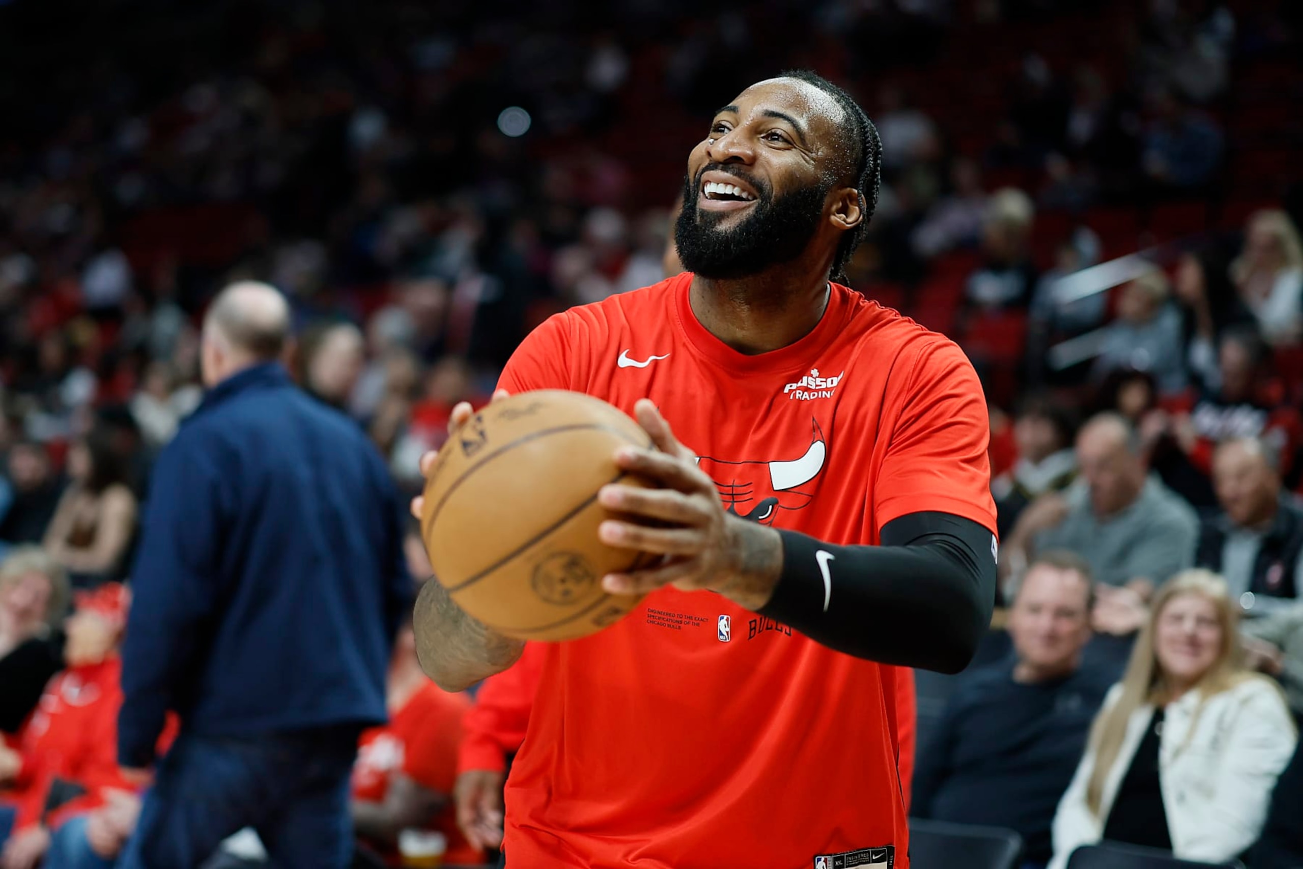 PORTLAND, OREGON - MARCH 24: Andre Drummond #3 of the Chicago Bulls warms up prior to a game against the Portland Trail Blazers at Moda Center on March 24, 2023 in Portland, Oregon. NOTE TO USER: User expressly acknowledges and agrees that, by downloading and or using this photograph, User is consenting to the terms and conditions of the Getty Images License Agreement. (Photo by Soobum Im/Getty Images)
