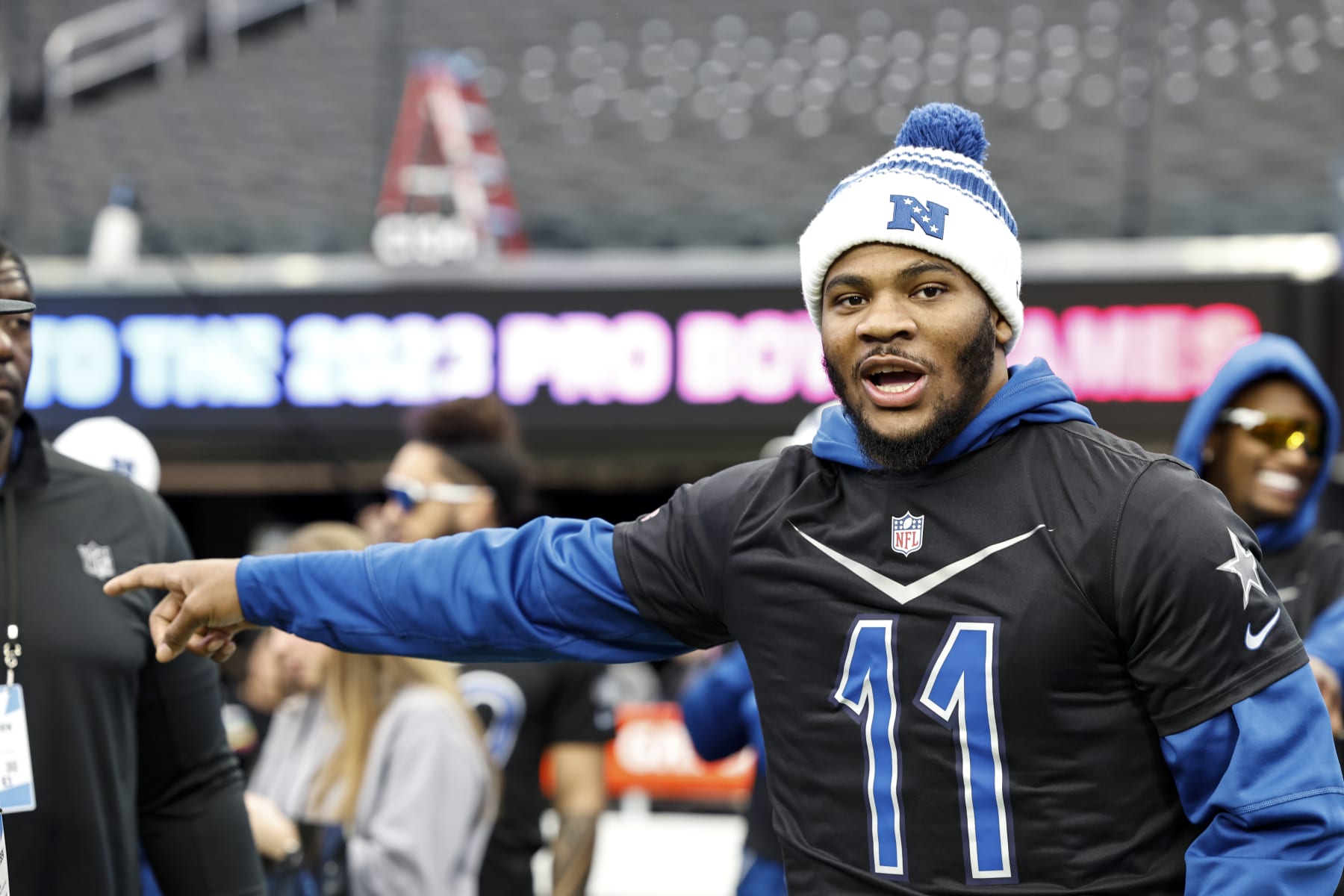 LAS VEGAS, NEVADA - FEBRUARY 04: NFC outside linebacker Micah Parsons #11 of the Dallas Cowboys reacts during a practice session prior to an NFL Pro Bowl football game at Allegiant Stadium on February 04, 2023 in Las Vegas, Nevada. (Photo by Michael Owens/Getty Images)