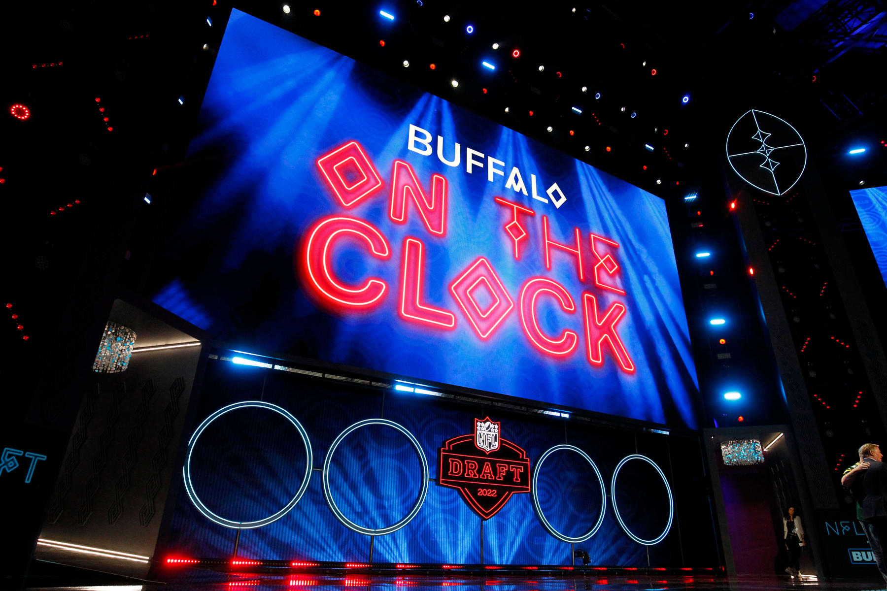 LAS VEGAS, NV - APRIL 28: The Buffalo Bills are on the clock with the number 23 pick of the first round during the NFL Draft on April 28, 2022 in Las Vegas, Nevada. (Photo by Jeff Speer/Icon Sportswire via Getty Images)
