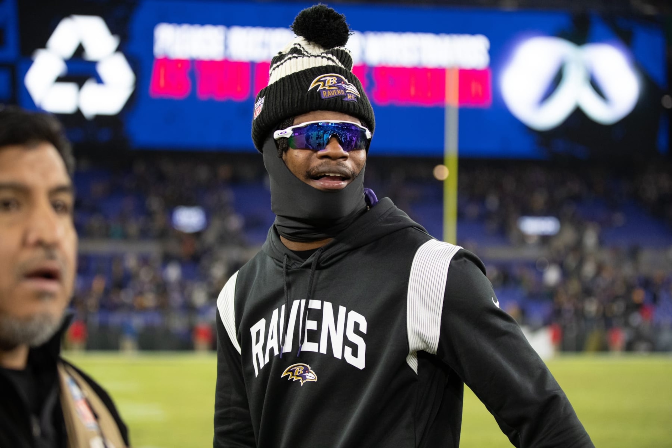 BALTIMORE, MD - JANUARY 01: Baltimore Ravens quarterback Lamar Jackson (8) after the game between the Pittsburgh Steelers and the Baltimore Ravens on January 1, 2023 at M&T Bank Stadium in Baltimore, MD. (Photo by Charles Brock/Icon Sportswire via Getty Images) BALTIMORE, MD - JANUARY 01: Baltimore Ravens quarterback Lamar Jackson (8) after the game between the Pittsburgh Steelers and the Baltimore Ravens on January 1, 2023 at M&T Bank Stadium in Baltimore, MD. (Photo by Charles Brock/Icon Sportswire via Getty Images)