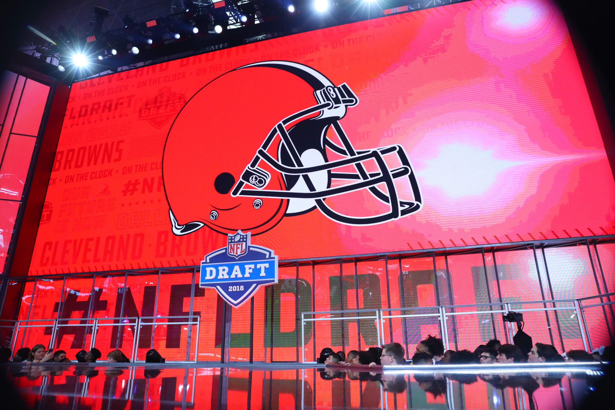 ARLINGTON, TX - APRIL 26: The Cleveland Browns  logo on the video board during the first round at the 2018 NFL Draft at AT&T Stadium on April 26, 2018 at AT&T Stadium in Arlington Texas. (Photo by Rich Graessle/Icon Sportswire via Getty Images)