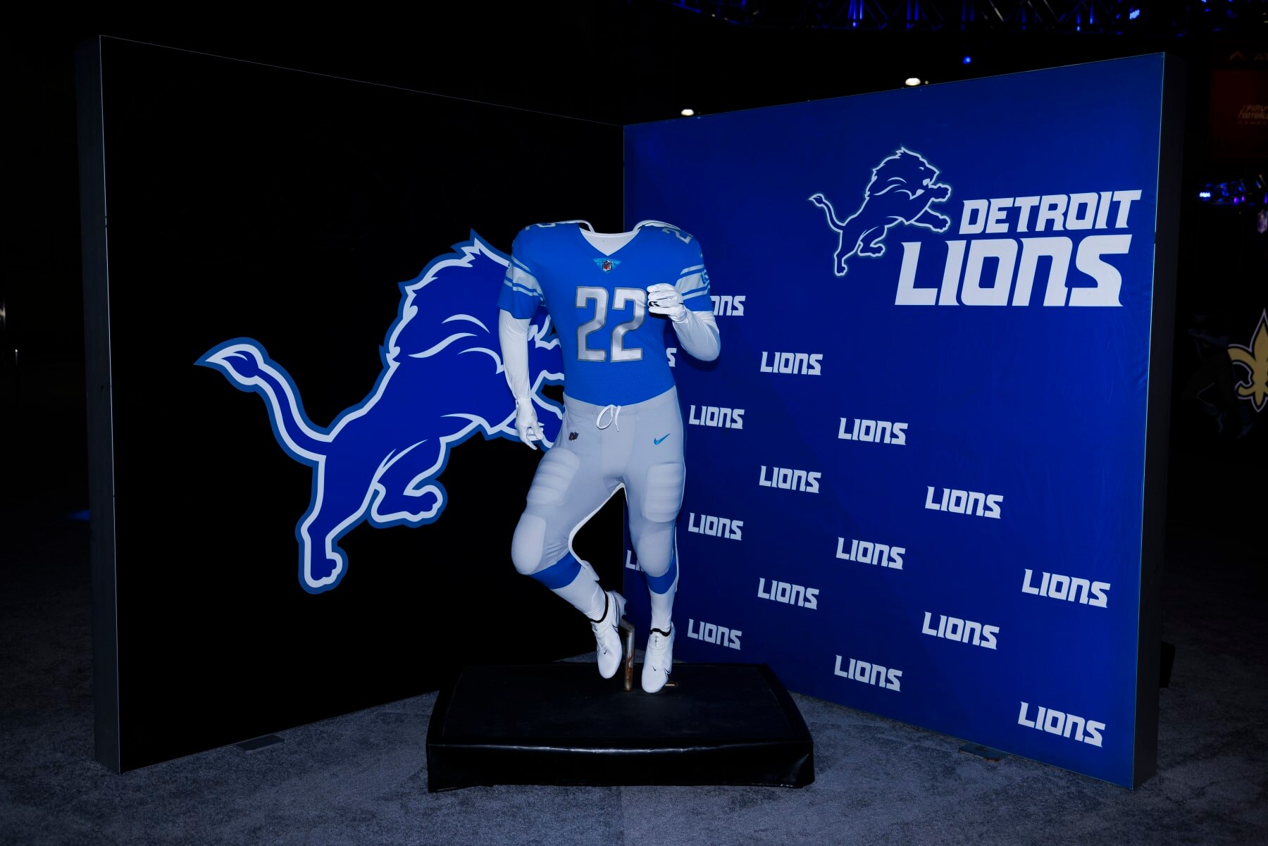 LOS ANGELES, CA - FEBRUARY 08: Detail view of the Detroit Lions uniform and logo seen at the Super Bowl Experience on February 08, 2022, at the Los Angeles Convention Center in Los Angeles, CA. (Photo by Ric Tapia/Icon Sportswire via Getty Images)