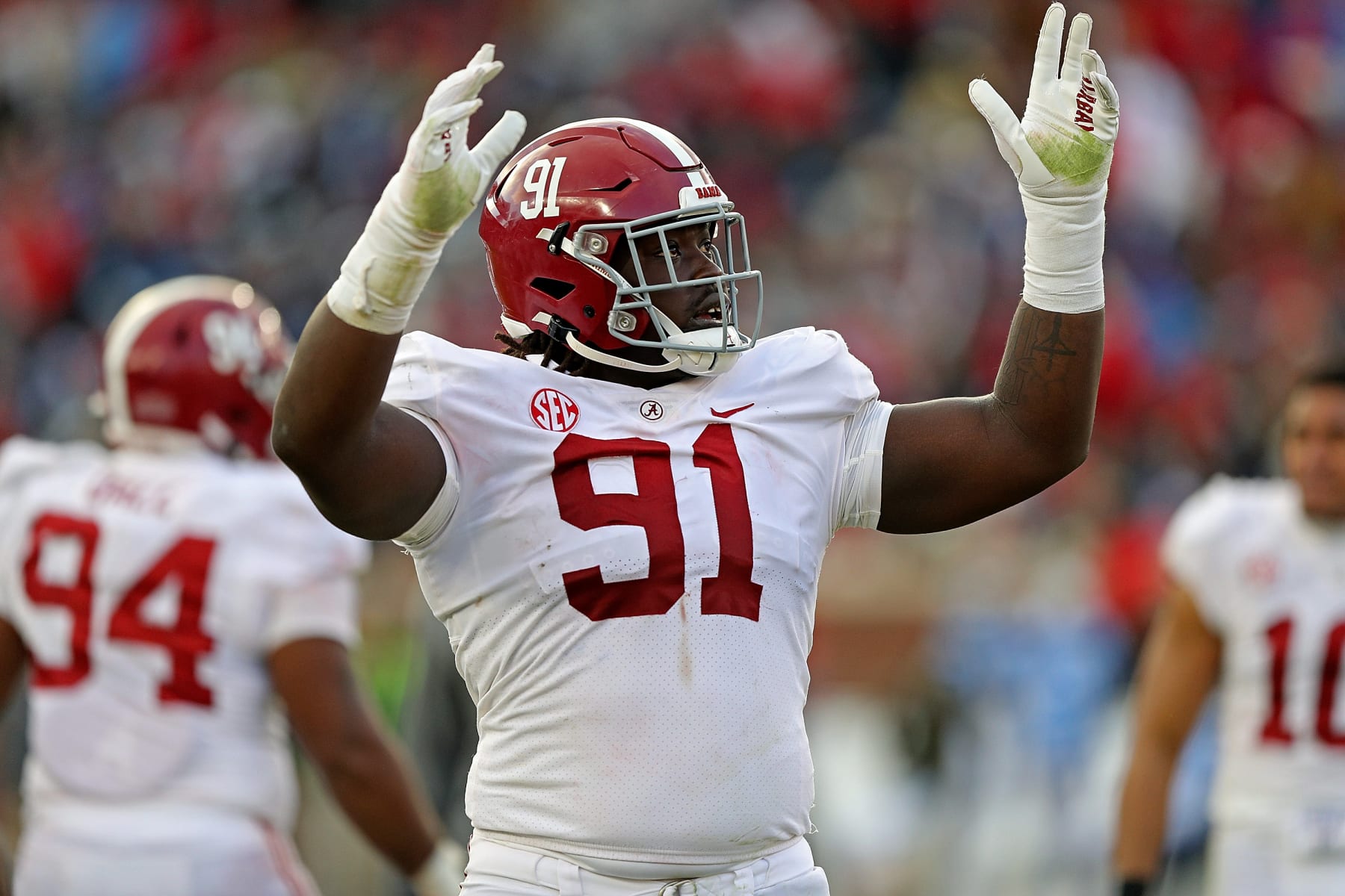 OXFORD, MISSISSIPPI - NOVEMBER 12: Jaheim Oatis #91 of the Alabama Crimson Tide during the game against the Mississippi Rebels at Vaught-Hemingway Stadium on November 12, 2022 in Oxford, Mississippi. (Photo by Justin Ford/Getty Images)