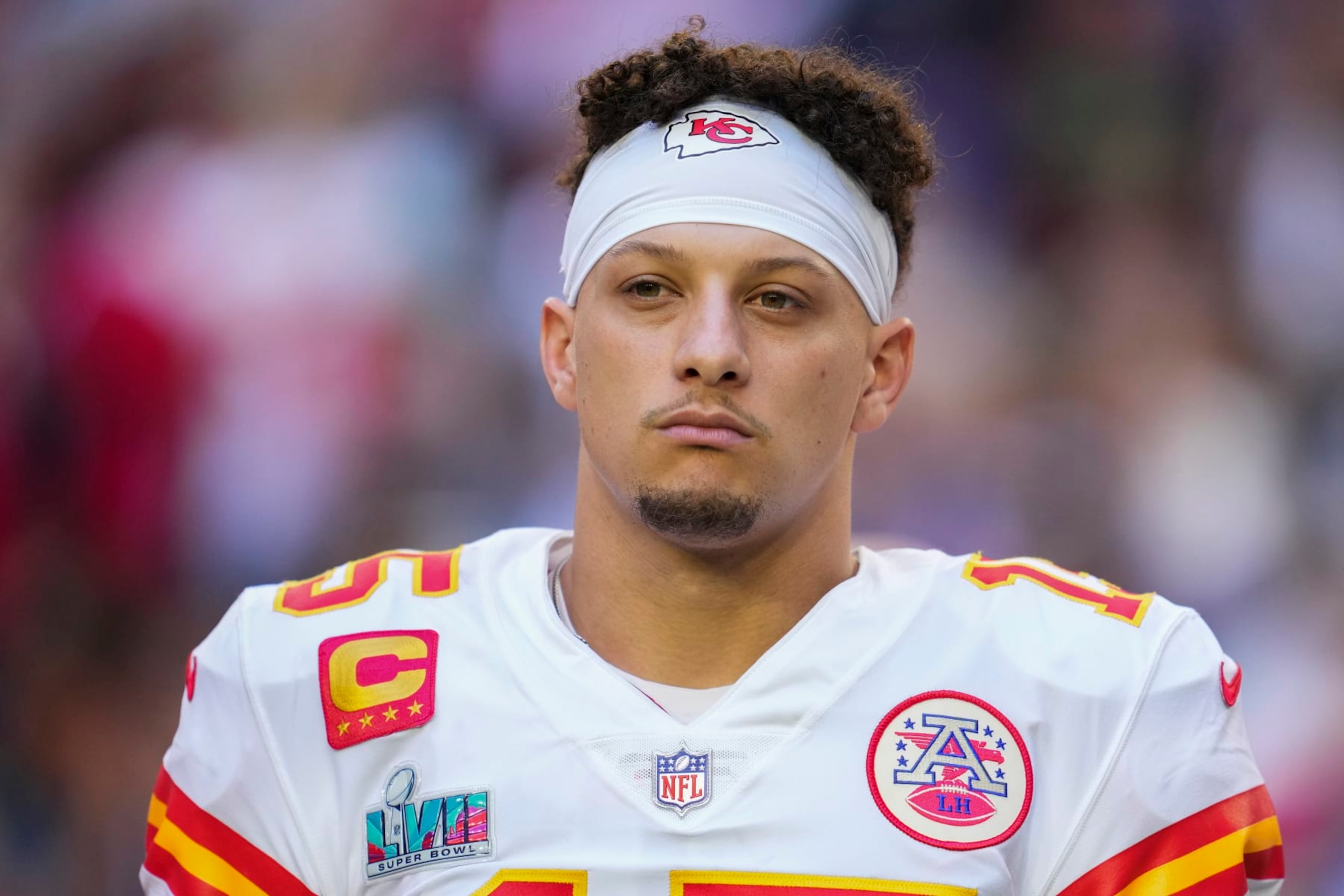 GLENDALE, AZ - FEBRUARY 12: Patrick Mahomes #15 of the Kansas City Chiefs stands during the national anthem against the Philadelphia Eagles after Super Bowl LVII at State Farm Stadium on February 12, 2023 in Glendale, Arizona. The Chiefs defeated the Eagles 38-35. (Photo by Cooper Neill/Getty Images)