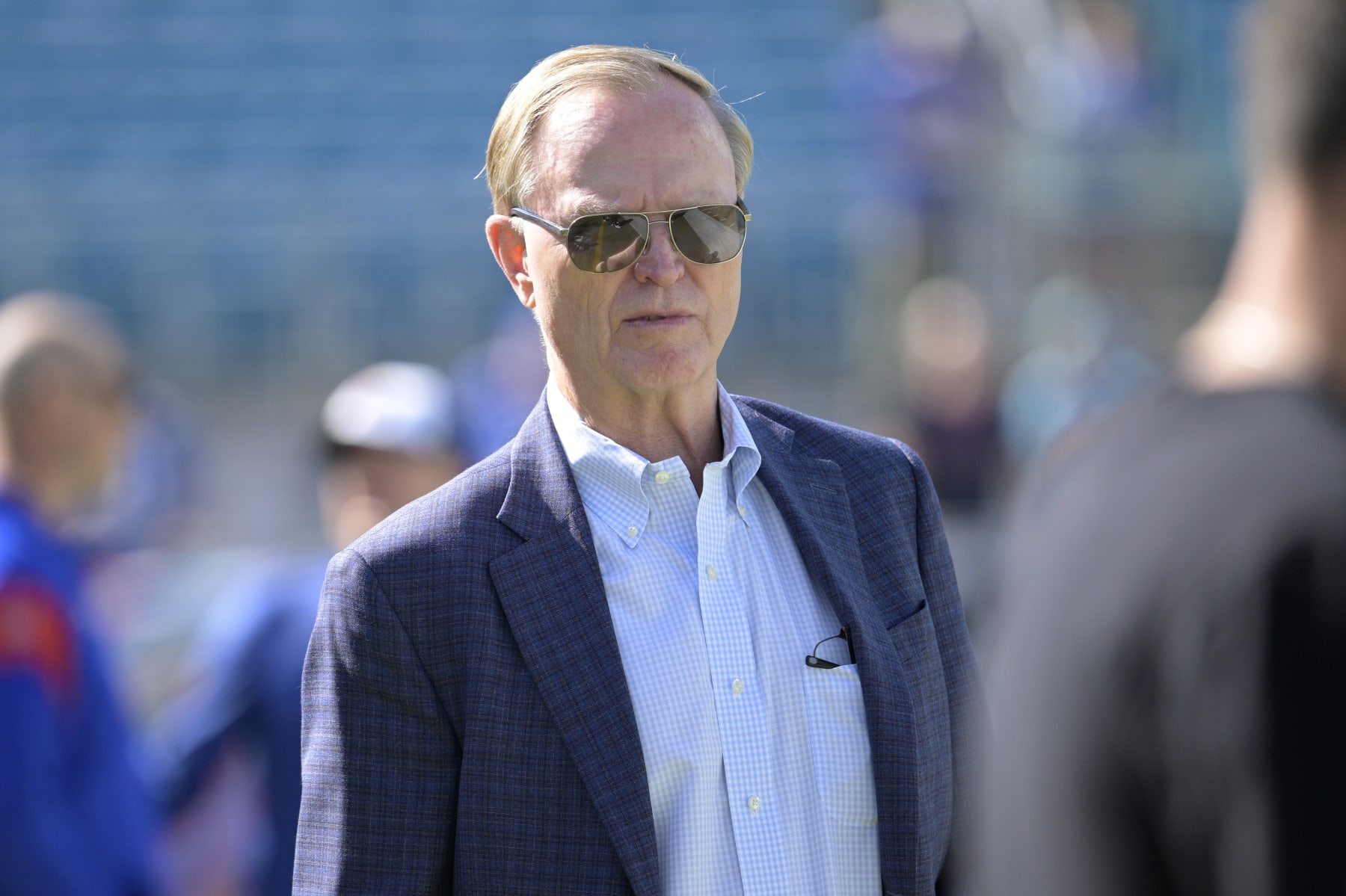 New York Giants president and CEO John Mara watches players warm up before an NFL football game against the Jacksonville Jaguars, Sunday, Oct. 23, 2022, in Jacksonville, Fla. (AP Photo/Phelan M. Ebenhack)
