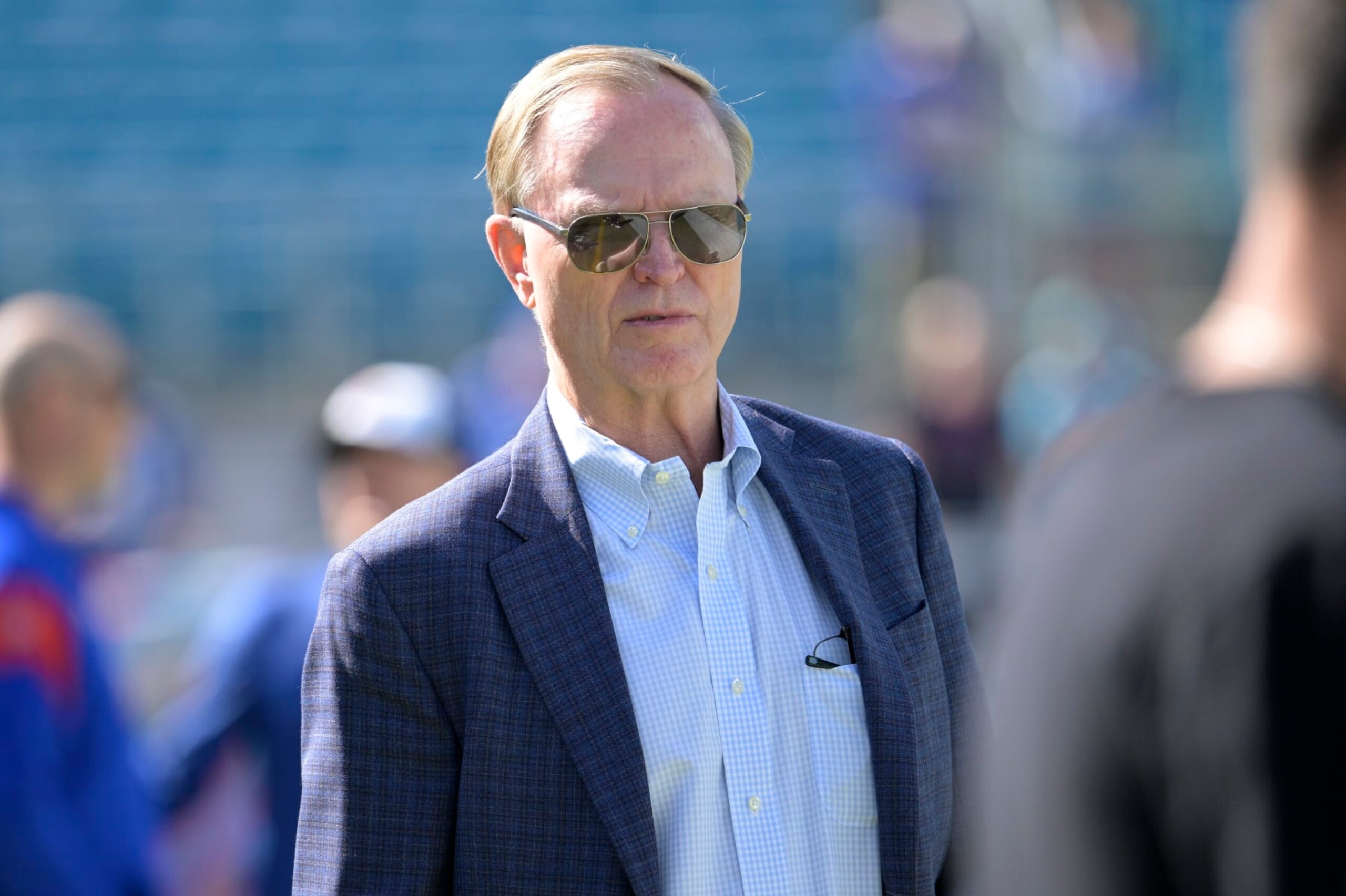 New York Giants president and CEO John Mara watches players warm up before an NFL football game against the Jacksonville Jaguars, Sunday, Oct. 23, 2022, in Jacksonville, Fla. (AP Photo/Phelan M. Ebenhack)