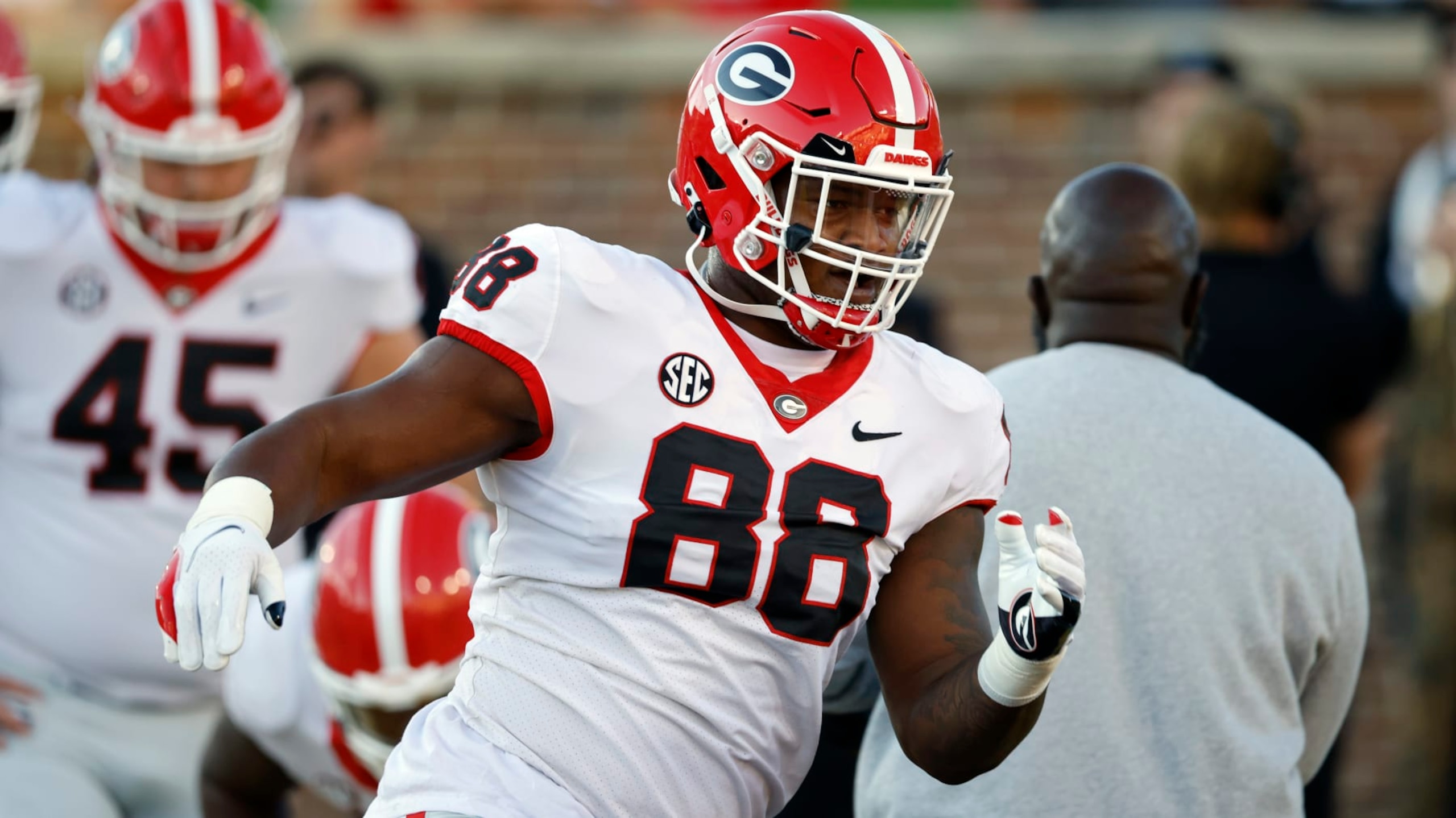 Georgia defensive lineman Jalen Carter before an NCAA football game on Saturday, Oct. 1, 2022 in Columbia, Mo.(AP Photo/Colin E. Braley)