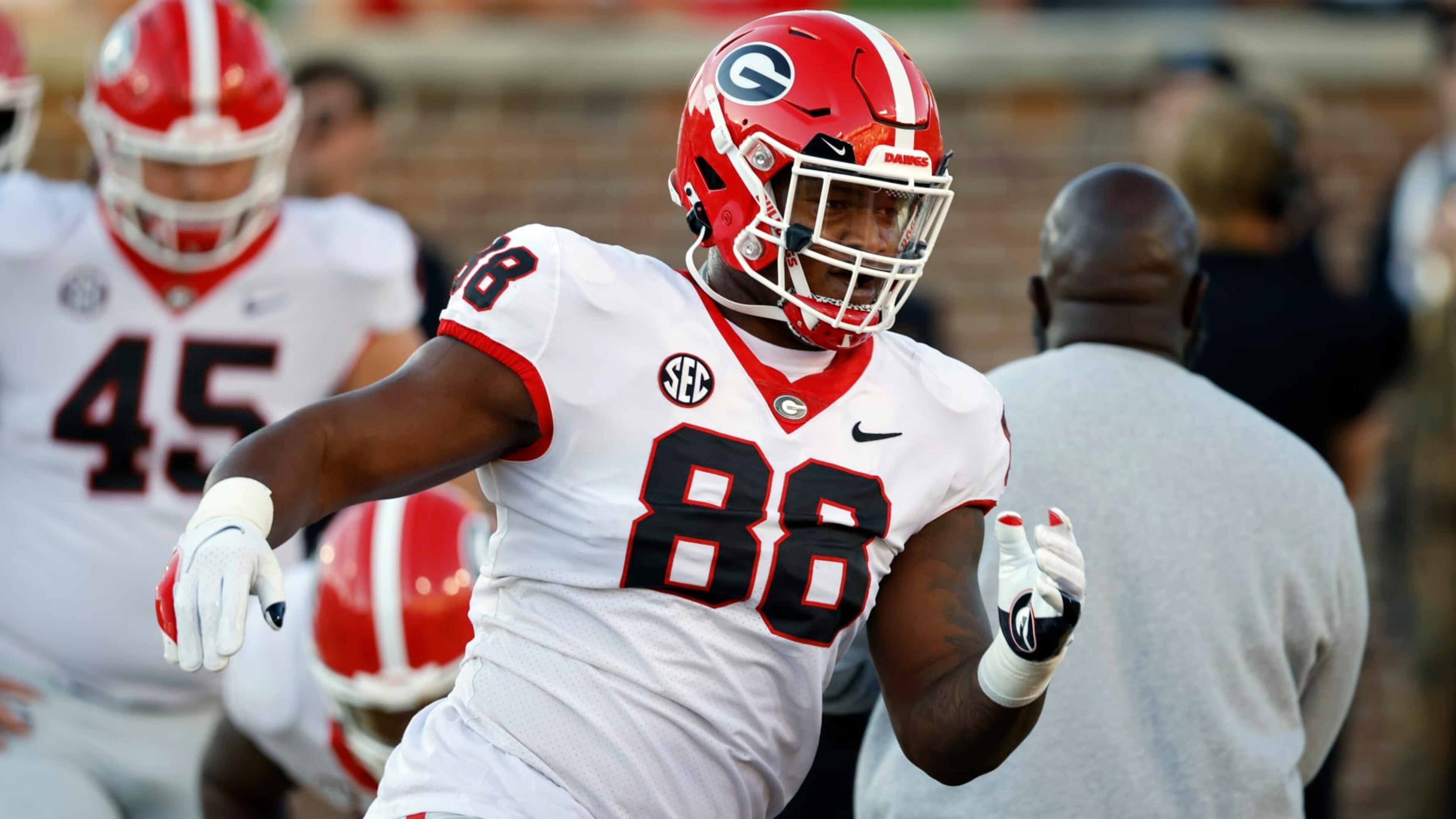 Georgia defensive lineman Jalen Carter before an NCAA football game on Saturday, Oct. 1, 2022 in Columbia, Mo.(AP Photo/Colin E. Braley)