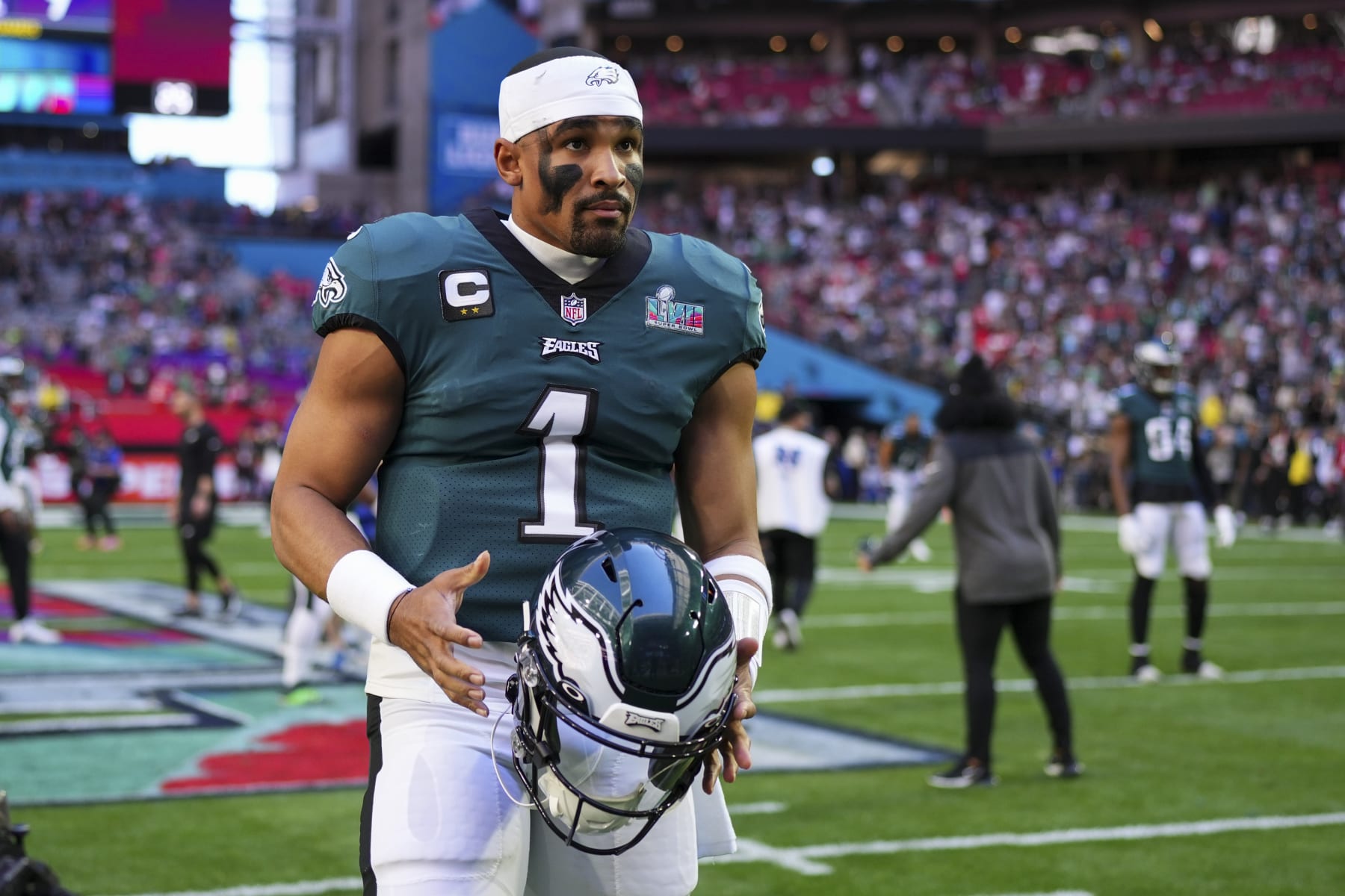 GLENDALE, AZ - FEBRUARY 12: Jalen Hurts #1 of the Philadelphia Eagles takes off his helmet against the Kansas City Chiefs after Super Bowl LVII at State Farm Stadium on February 12, 2023 in Glendale, Arizona. The Chiefs defeated the Eagles 38-35. (Photo by Cooper Neill/Getty Images)