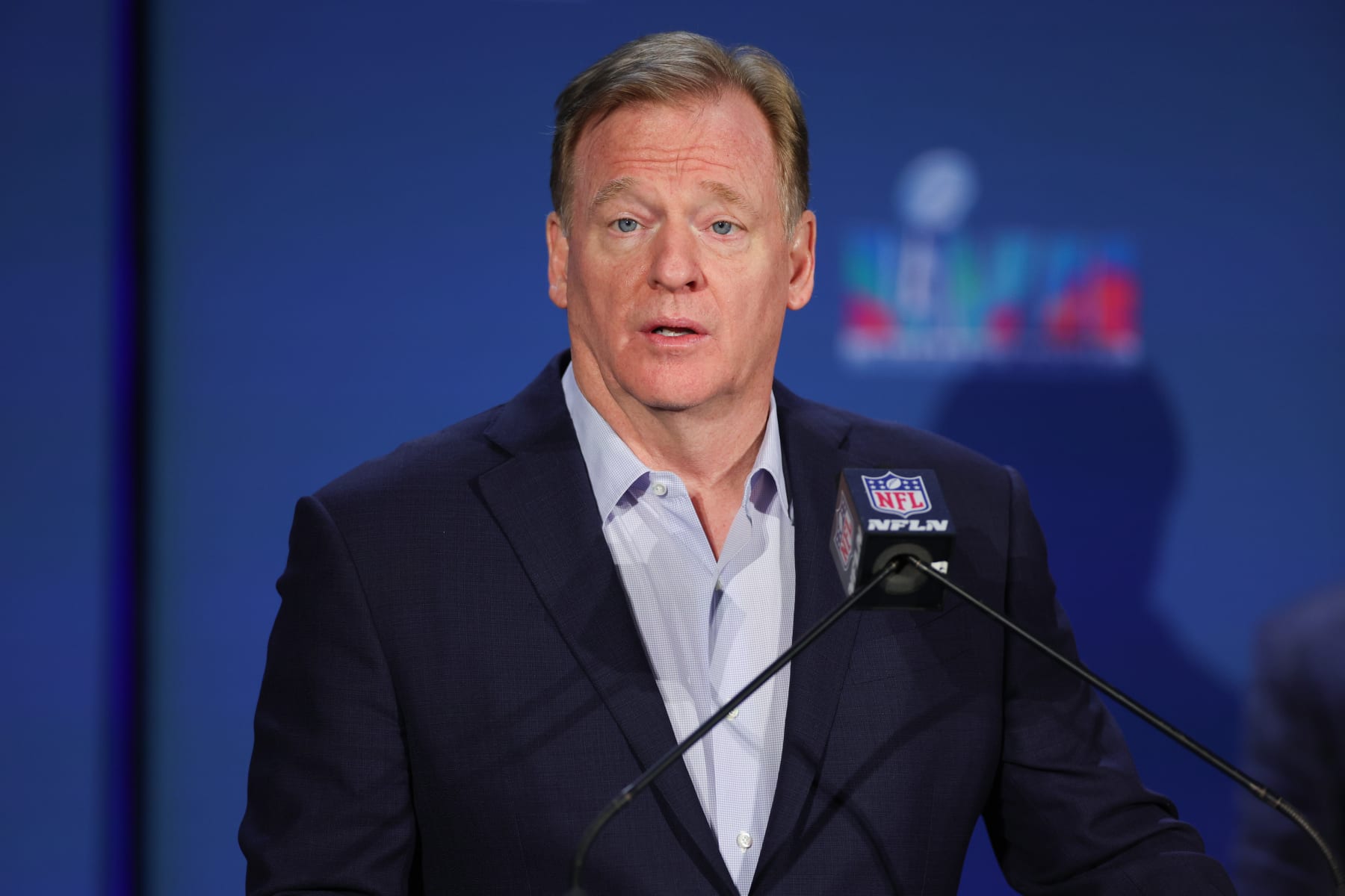 PHOENIX, ARIZONA - FEBRUARY 13: NFL Commissioner Roger Goodell speaks during the Super Bowl LVII Host Committee Handoff Press Conference at Phoenix Convention Center on February 13, 2023 in Phoenix, Arizona. (Photo by Carmen Mandato/Getty Images)