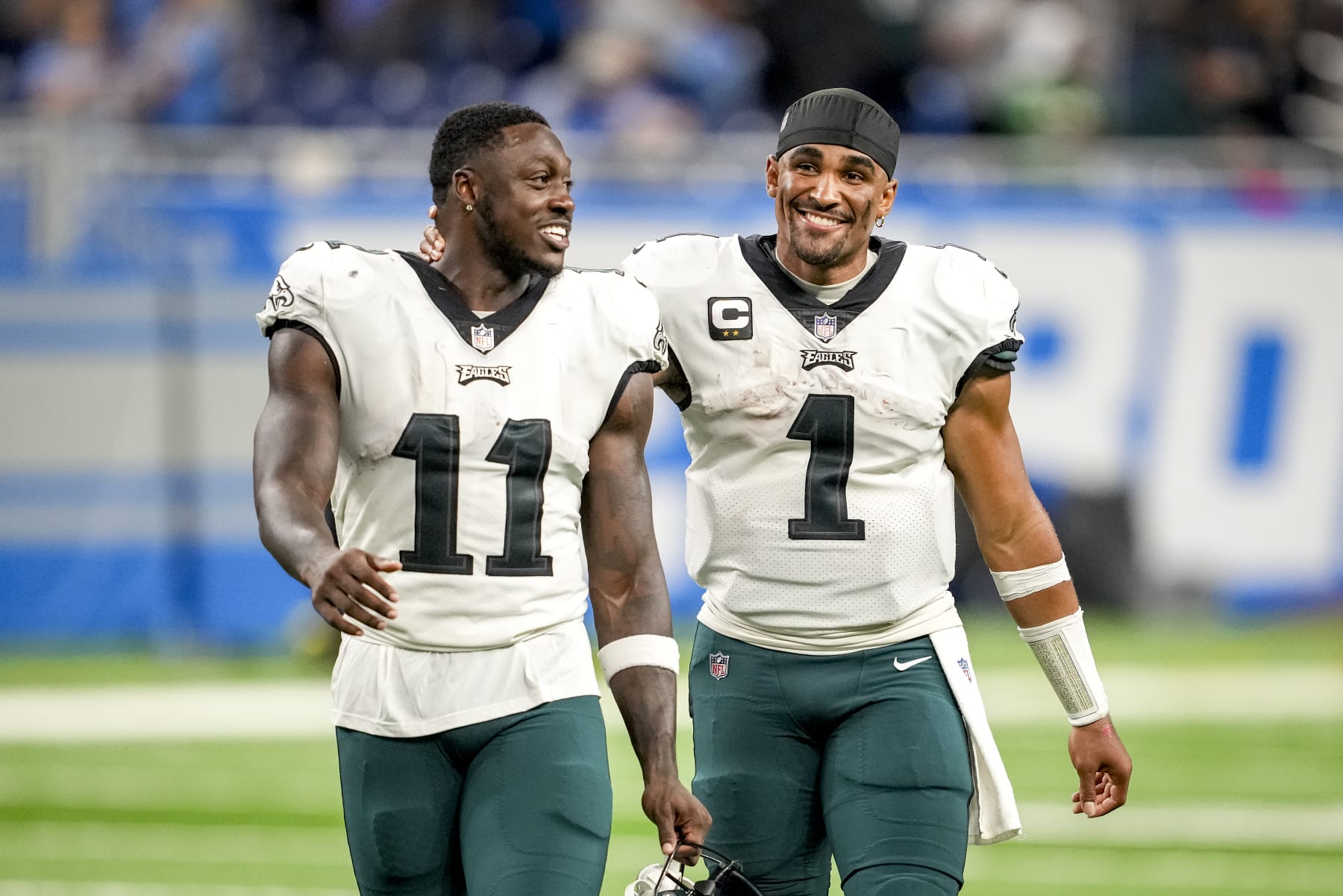 A.J. Brown (left) and Jalen Hurts (right)
