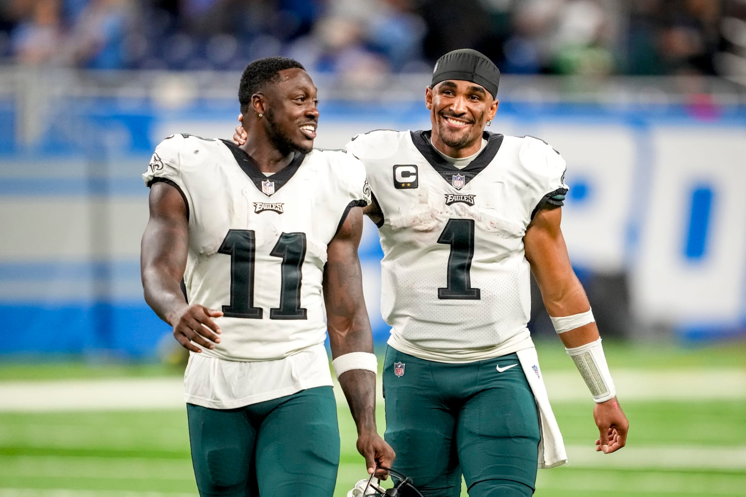 A.J. Brown (left) and Jalen Hurts (right)