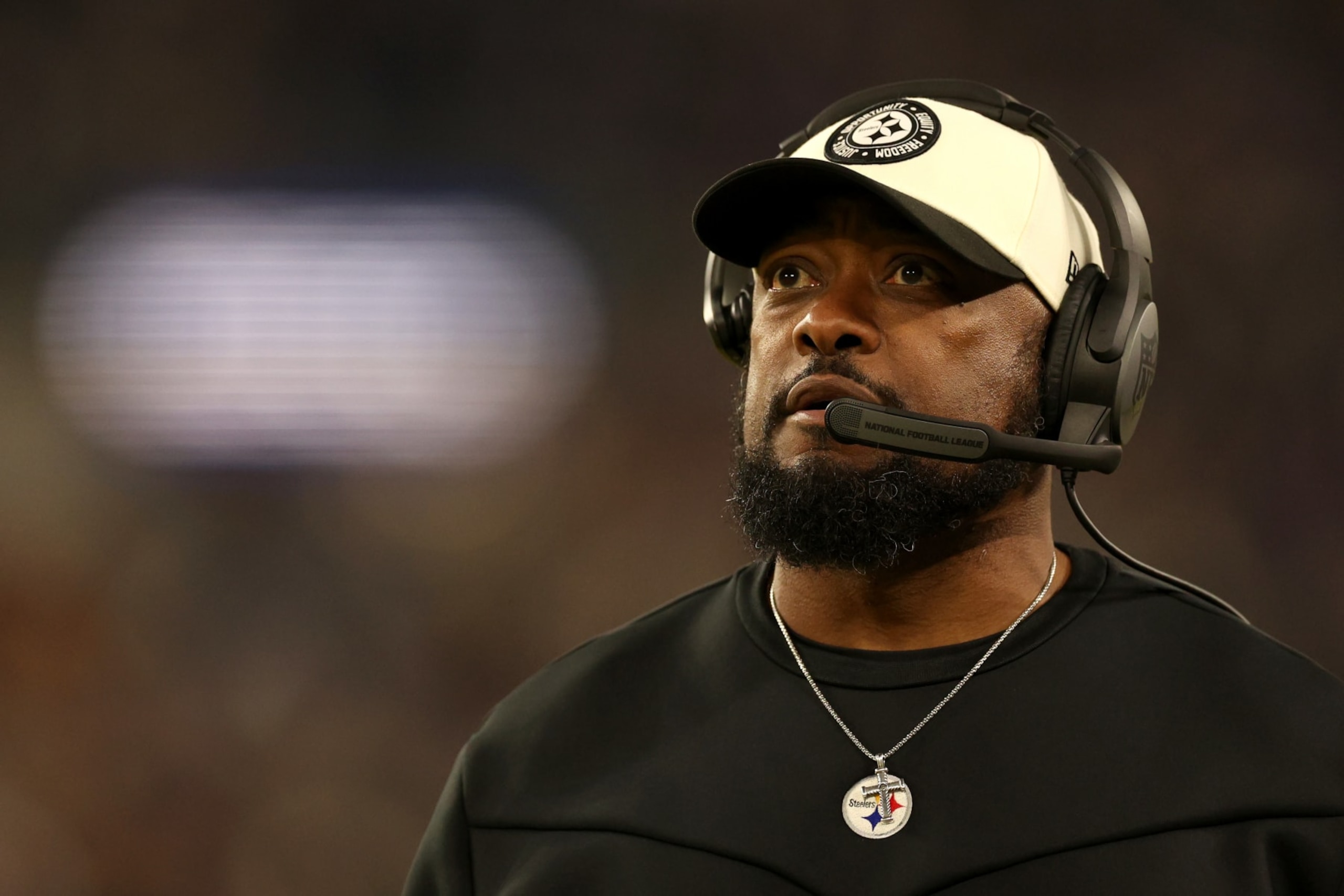 BALTIMORE, MARYLAND - JANUARY 01: Head coach Mike Tomlin of the Pittsburgh Steelers looks on against the Baltimore Ravens at M&T Bank Stadium on January 01, 2023 in Baltimore, Maryland. (Photo by Rob Carr/Getty Images)