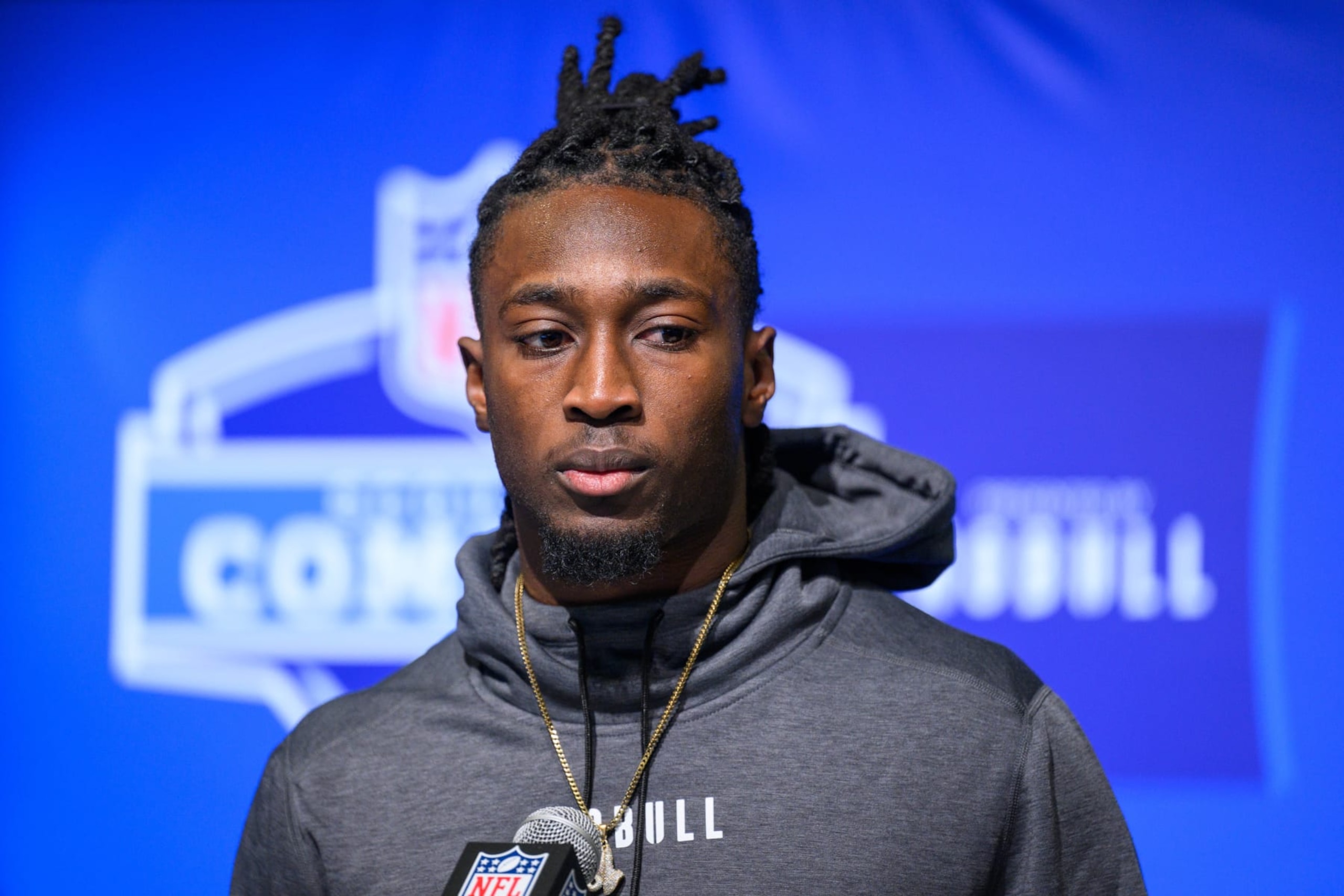 INDIANAPOLIS, IN - MARCH 02: South Carolina defensive back Darius Rush answers questions from the media during the NFL Scouting Combine on March 2, 2023, at the Indiana Convention Center in Indianapolis, IN. (Photo by Zach Bolinger/Icon Sportswire via Getty Images)