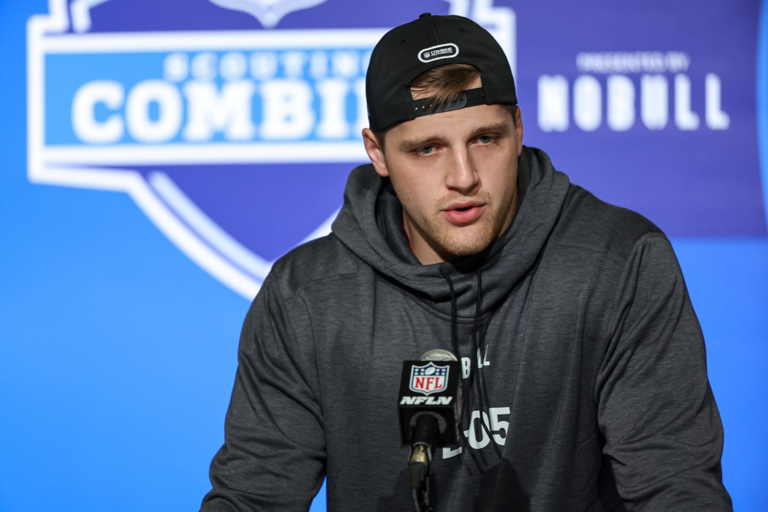 INDIANAPOLIS, IN - MARCH 03: Tight end Tucker Kraft of South Dakota State speaks to the media during the NFL Combine at Lucas Oil Stadium on March 3, 2023 in Indianapolis, Indiana. (Photo by Michael Hickey/Getty Images)