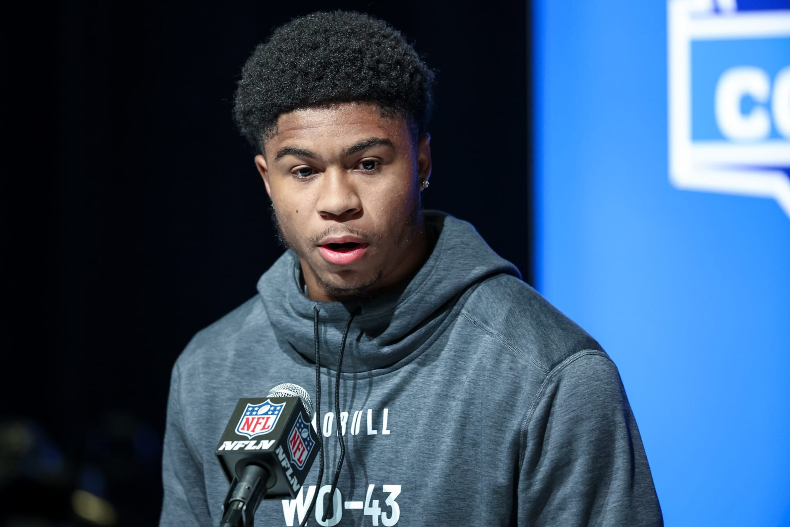 INDIANAPOLIS, IN - MARCH 03: Wide out Tyler Scott of Cincinnati speaks to the media during the NFL Combine at Lucas Oil Stadium on March 3, 2023 in Indianapolis, Indiana. (Photo by Michael Hickey/Getty Images)
