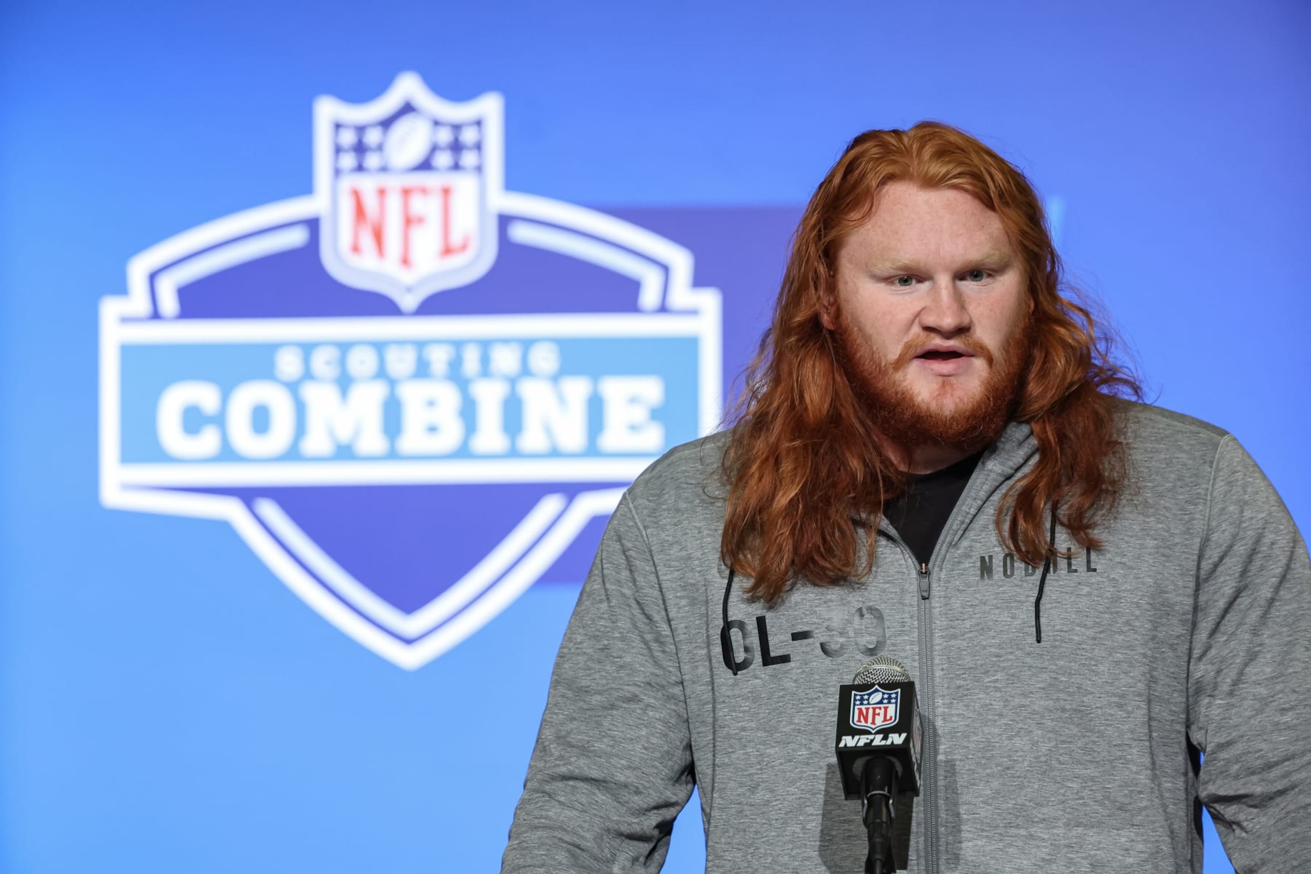INDIANAPOLIS, IN - MARCH 04:  Offensive lineman Cody Mauch of North Dakota State speaks to the media during the NFL Combine at Lucas Oil Stadium on March 4, 2023 in Indianapolis, Indiana. (Photo by Michael Hickey/Getty Images)