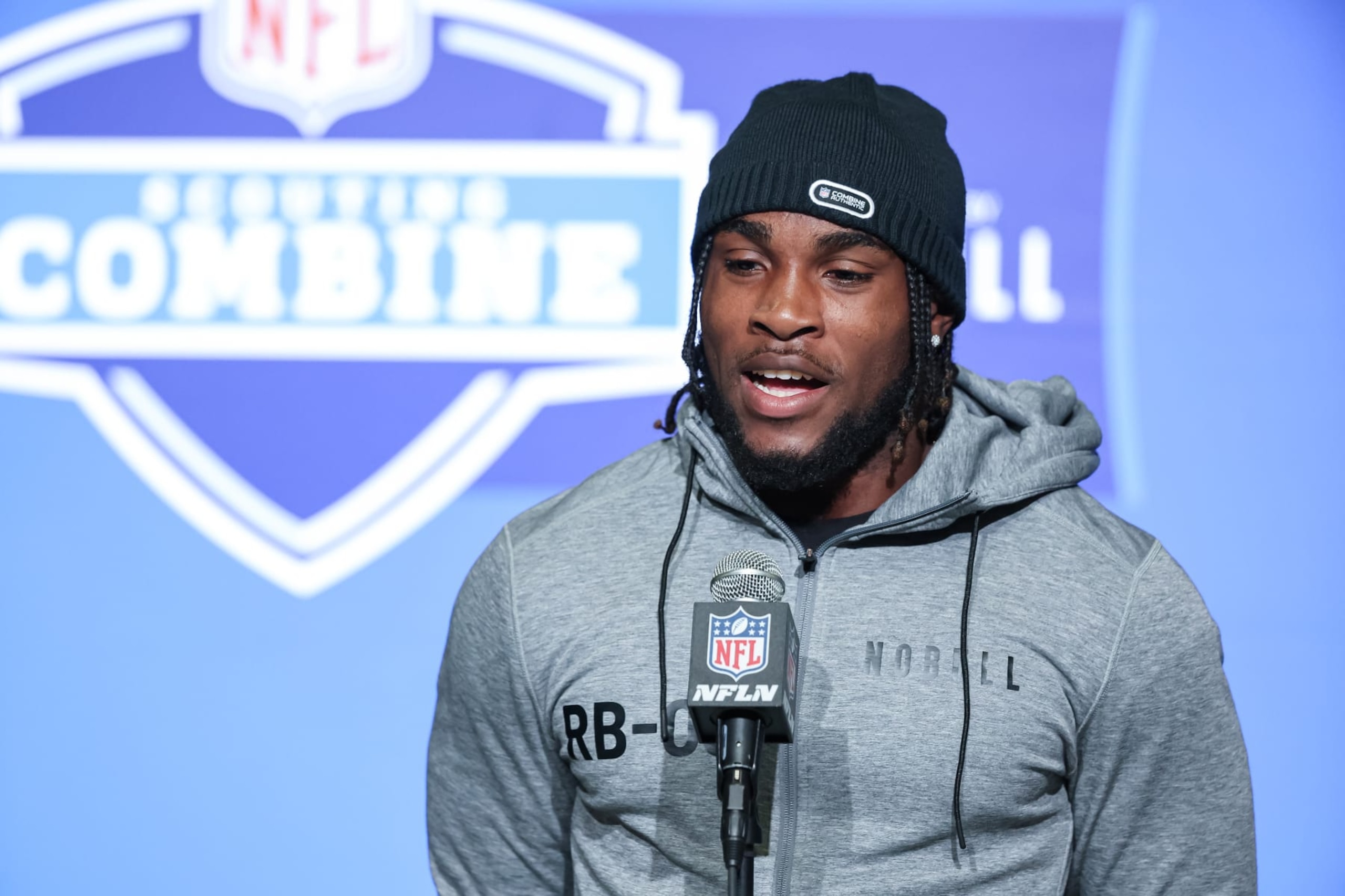 INDIANAPOLIS, IN - MARCH 04: Running back Tank Bigsby of Auburn speaks to the media during the NFL Combine at Lucas Oil Stadium on March 4, 2023 in Indianapolis, Indiana. (Photo by Michael Hickey/Getty Images)