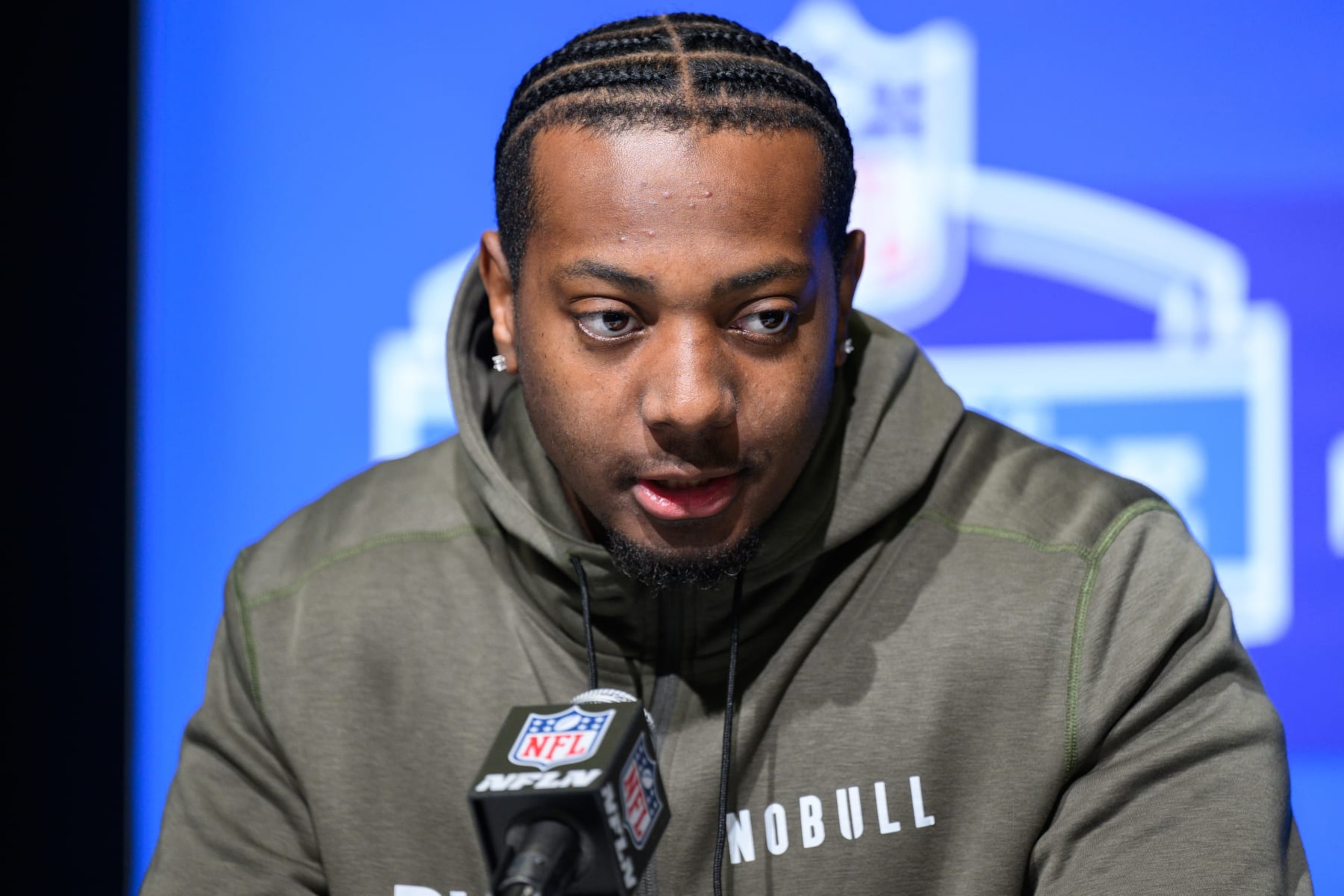 INDIANAPOLIS, IN - MARCH 01: Appalachian State defensive lineman Nick Hampton answers questions from the media during the NFL Scouting Combine on March 1, 2023, at the Indiana Convention Center in Indianapolis, IN. (Photo by Zach Bolinger/Icon Sportswire via Getty Images)