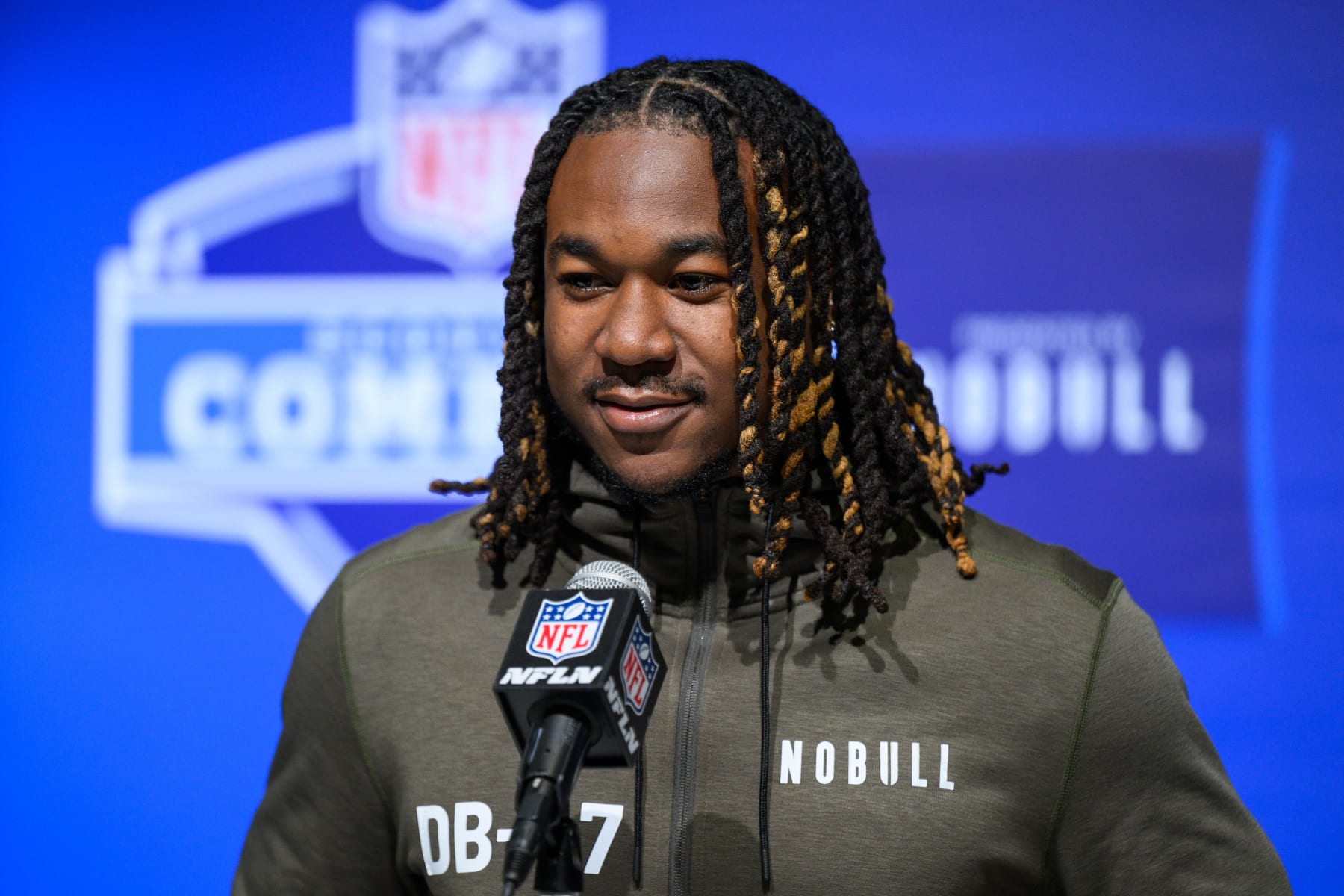 INDIANAPOLIS, IN - MARCH 02: Pittsburgh defensive back Brandon Hill answers questions from the media during the NFL Scouting Combine on March 2, 2023, at the Indiana Convention Center in Indianapolis, IN. (Photo by Zach Bolinger/Icon Sportswire via Getty Images)