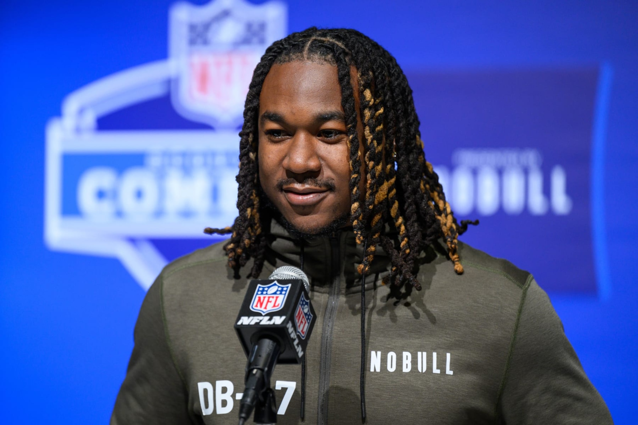 INDIANAPOLIS, IN - MARCH 02: Pittsburgh defensive back Brandon Hill answers questions from the media during the NFL Scouting Combine on March 2, 2023, at the Indiana Convention Center in Indianapolis, IN. (Photo by Zach Bolinger/Icon Sportswire via Getty Images)