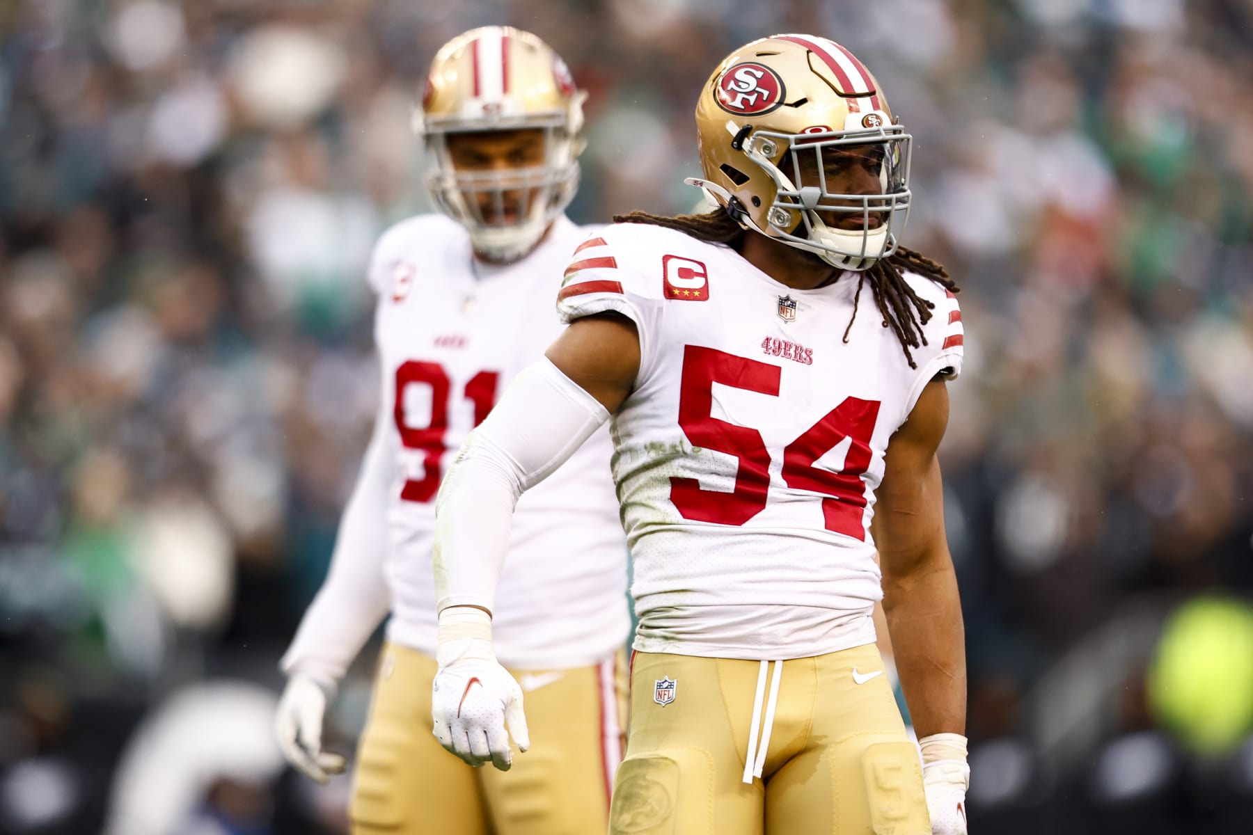 PHILADELPHIA, PA - JANUARY 29: Fred Warner #54 of the San Francisco 49ers celebrates after a play during the NFC Championship NFL football game against the Philadelphia Eagles at Lincoln Financial Field on January 29, 2023 in Philadelphia, Pennsylvania. (Photo by Kevin Sabitus/Getty Images)