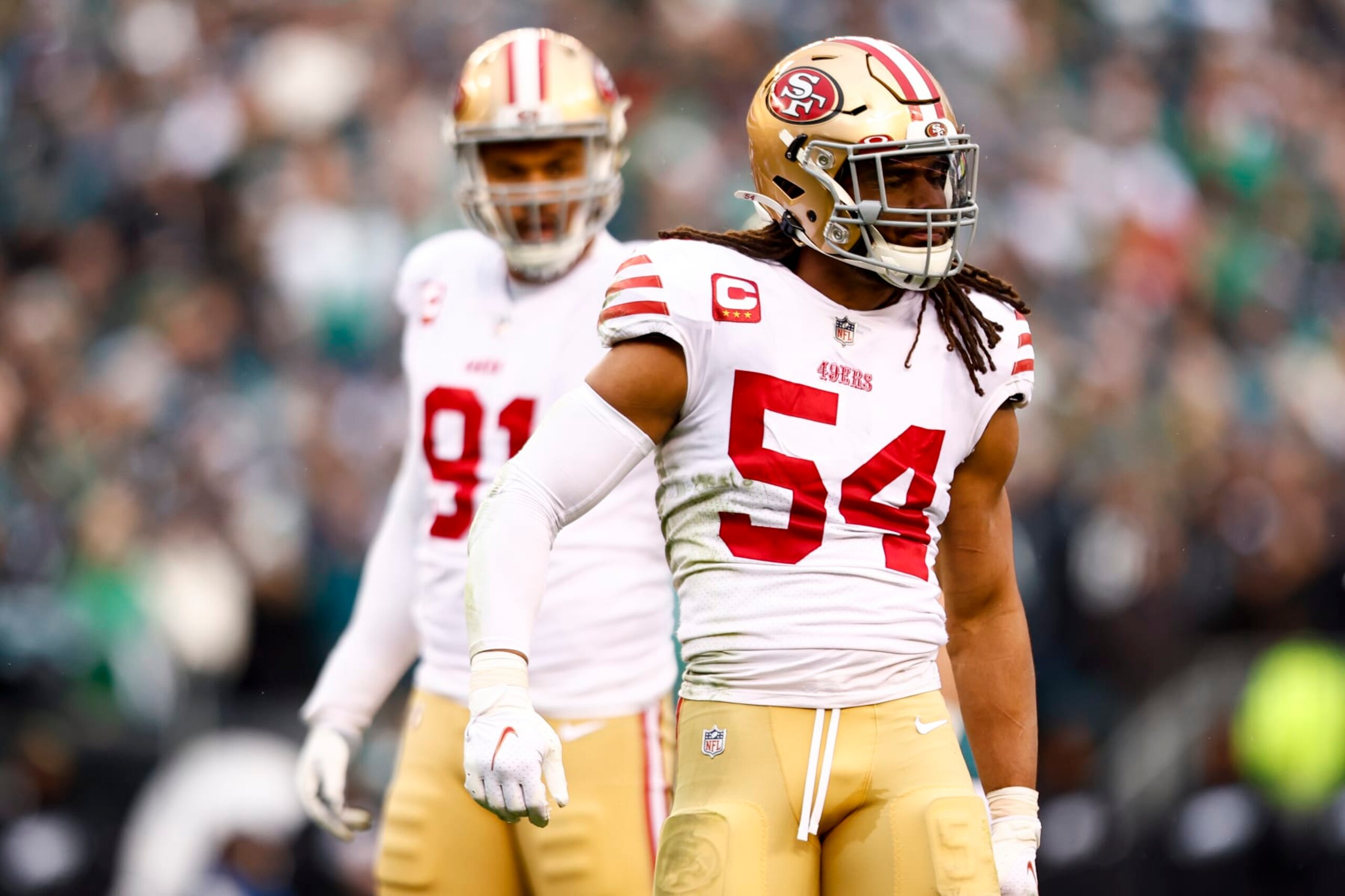 PHILADELPHIA, PA - JANUARY 29: Fred Warner #54 of the San Francisco 49ers celebrates after a play during the NFC Championship NFL football game against the Philadelphia Eagles at Lincoln Financial Field on January 29, 2023 in Philadelphia, Pennsylvania. (Photo by Kevin Sabitus/Getty Images)