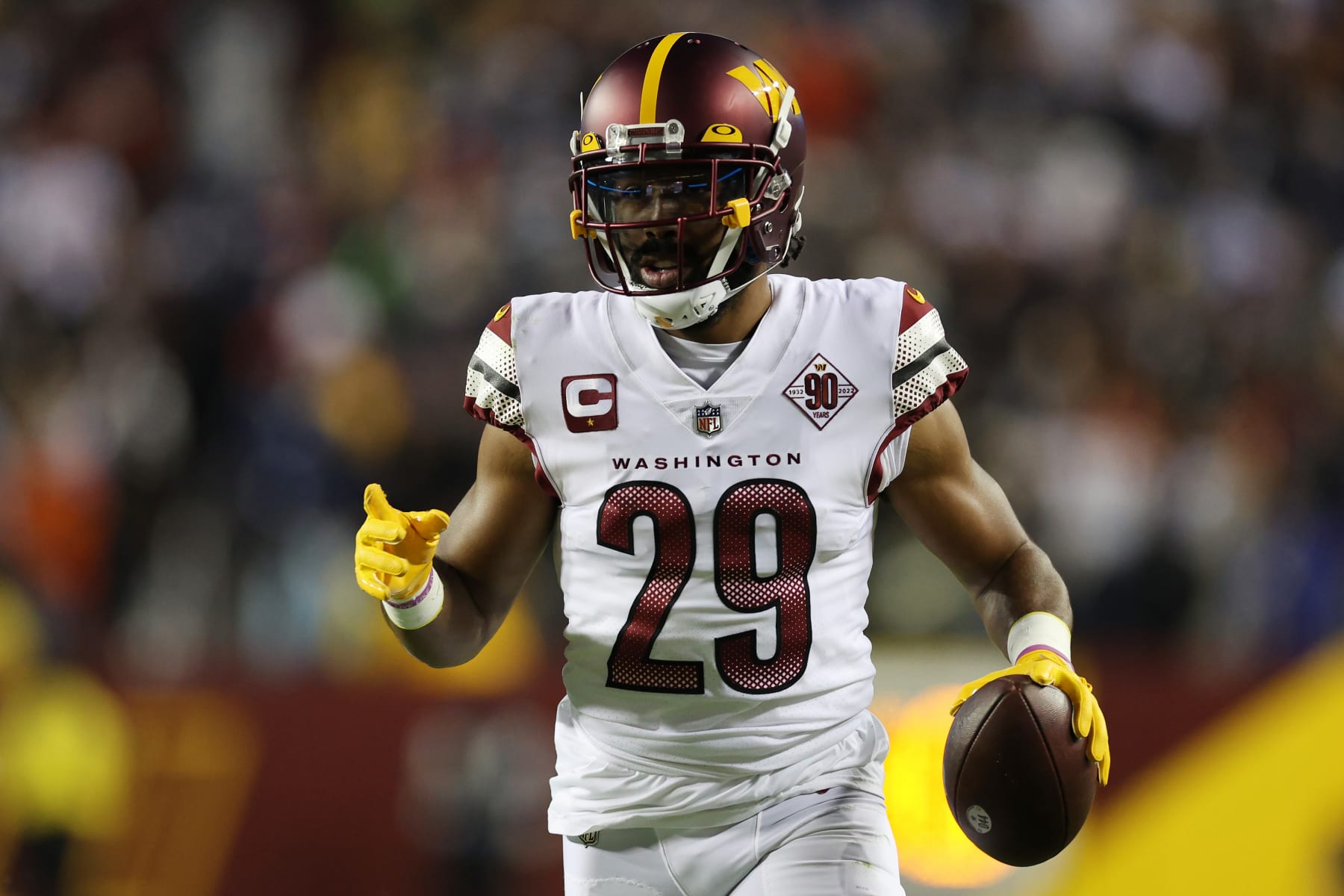 LANDOVER, MARYLAND - JANUARY 08: Kendall Fuller #29 of the Washington Commanders looks on during the first half of the game against the Dallas Cowboys at FedExField on January 08, 2023 in Landover, Maryland. (Photo by Rob Carr/Getty Images)