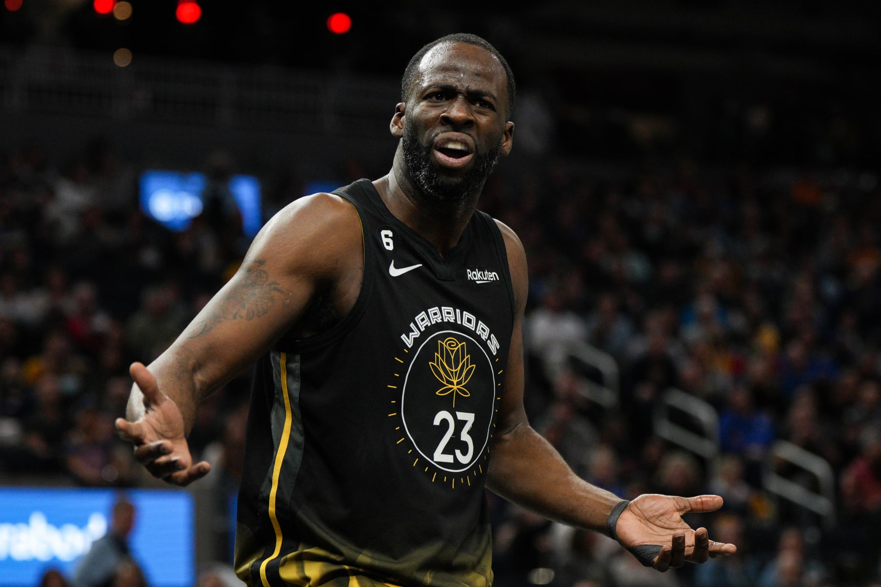 SAN FRANCISCO, CALIFORNIA - MARCH 28: Draymond Green #23 of the Golden State Warriors reacts to a call during the third quarter against the New Orleans Pelicans at Chase Center on March 28, 2023 in San Francisco, California.  NOTE TO USER: User expressly acknowledges and agrees that, by downloading and or using this photograph, User is consenting to the terms and conditions of the Getty Images License Agreement. (Photo by Loren Elliott/Getty Images)