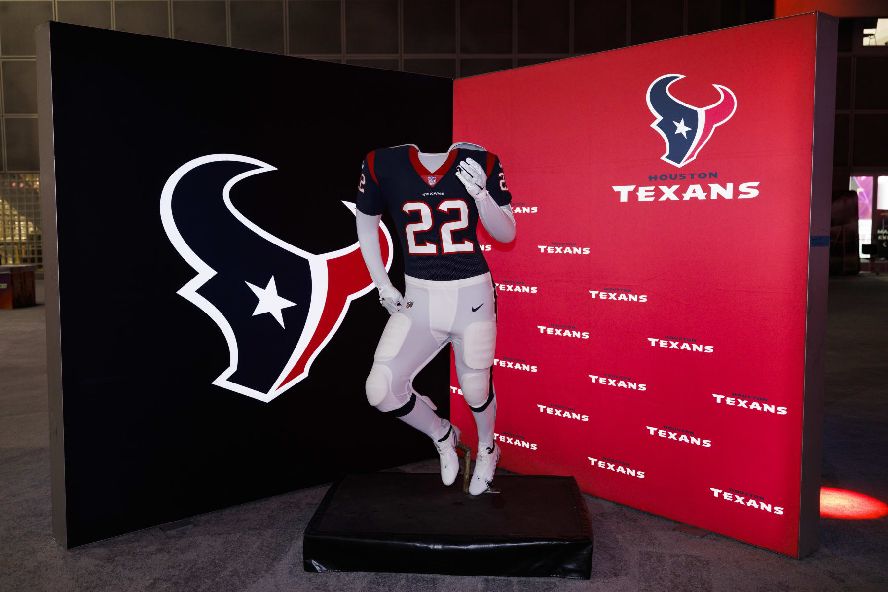 LOS ANGELES, CA - FEBRUARY 08: Detail view of the Houston Texans uniform and logo seen at the Super Bowl Experience on February 08, 2022, at the Los Angeles Convention Center in Los Angeles, CA. (Photo by Ric Tapia/Icon Sportswire via Getty Images)