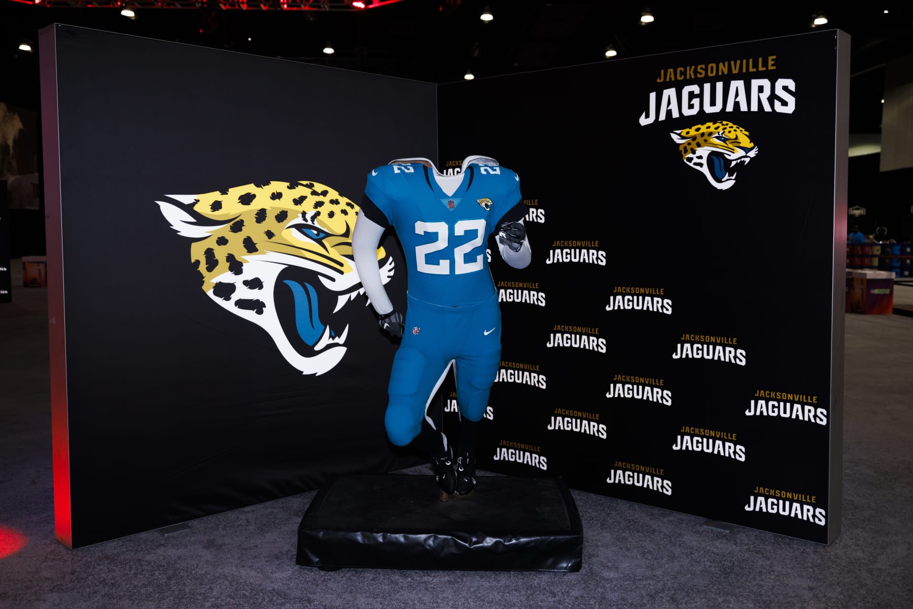 LOS ANGELES, CA - FEBRUARY 08: Detail view of the Jacksonville Jaguars uniform and logo seen at the Super Bowl Experience on February 08, 2022, at the Los Angeles Convention Center in Los Angeles, CA. (Photo by Ric Tapia/Icon Sportswire via Getty Images)