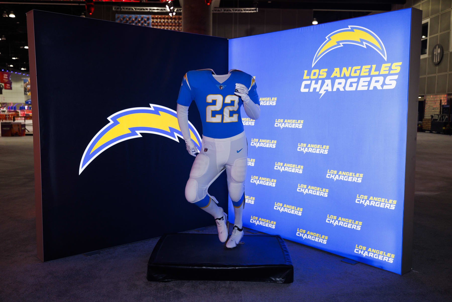LOS ANGELES, CA - FEBRUARY 08: Detail view of the Los Angeles Chargers uniform and logo seen at the Super Bowl Experience on February 08, 2022, at the Los Angeles Convention Center in Los Angeles, CA. (Photo by Ric Tapia/Icon Sportswire via Getty Images)