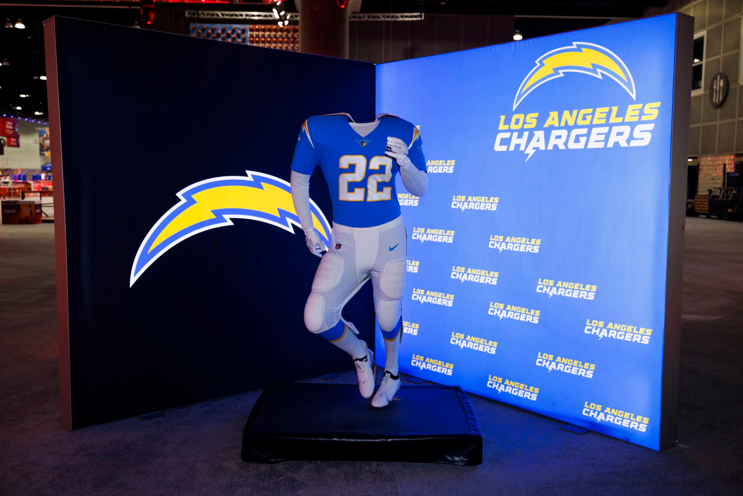 LOS ANGELES, CA - FEBRUARY 08: Detail view of the Los Angeles Chargers uniform and logo seen at the Super Bowl Experience on February 08, 2022, at the Los Angeles Convention Center in Los Angeles, CA. (Photo by Ric Tapia/Icon Sportswire via Getty Images)