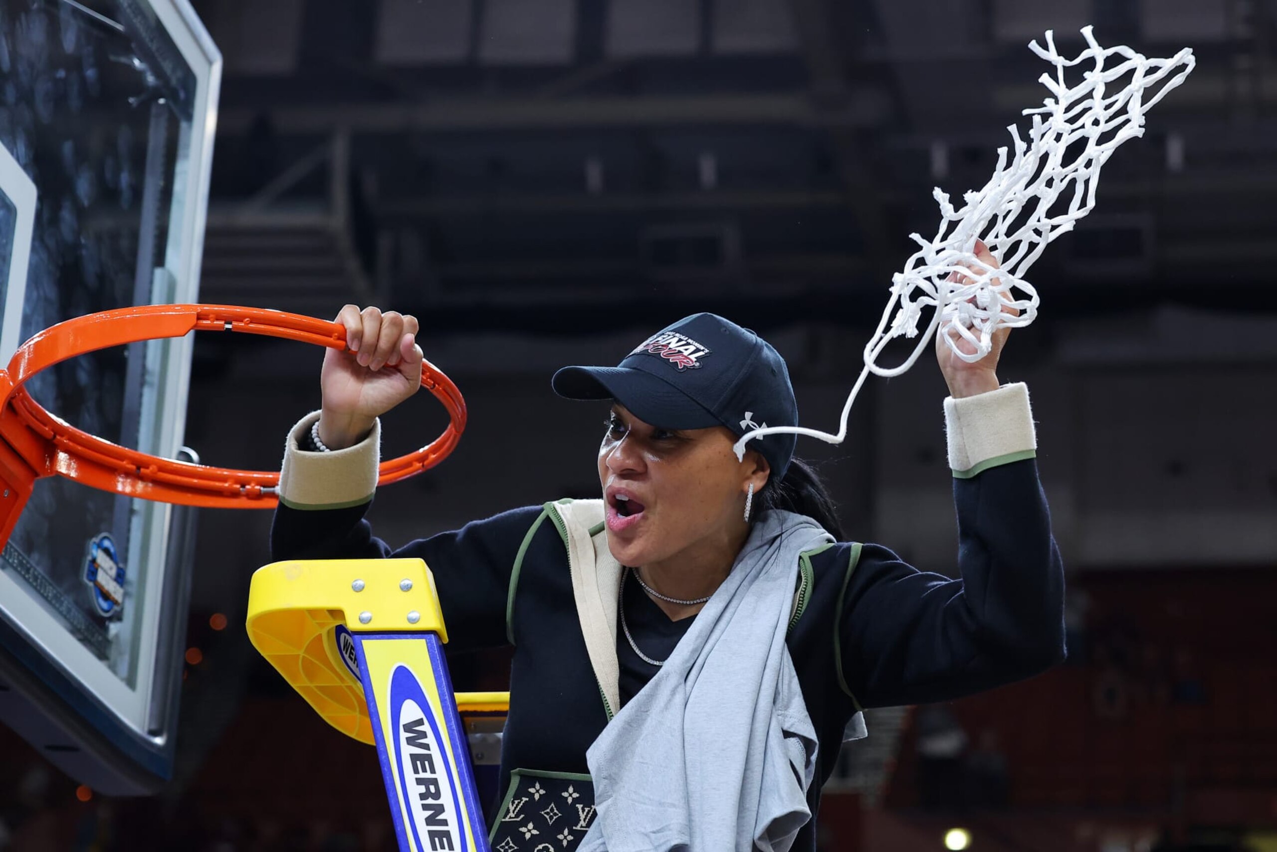 GREENVILLE, SOUTH CAROLINA - MARCH 27: Head coach Dawn Staley of the South Carolina Gamecocks celebrates after defeating the Maryland Terrapins 86-75 in the Elite Eight round of the NCAA Women's Basketball Tournament at Bon Secours Wellness Arena on March 27, 2023 in Greenville, South Carolina. (Photo by Kevin C. Cox/Getty Images)