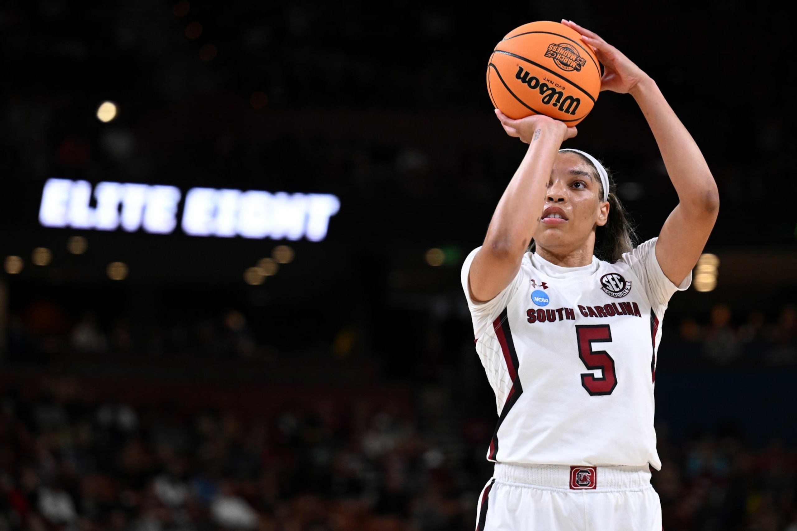 GREENVILLE, SC - MARCH 27: Victaria Saxton #5 of the South Carolina Gamecocks shoots a free throw against the Maryland Terrapins during the Elite Eight round of the 2023 NCAA Womens Basketball Tournament held at Bon Secours Wellness Arena on March 27, 2023 in Greenville, South Carolina. (Photo by Grant Halverson/NCAA Photos via Getty Images)