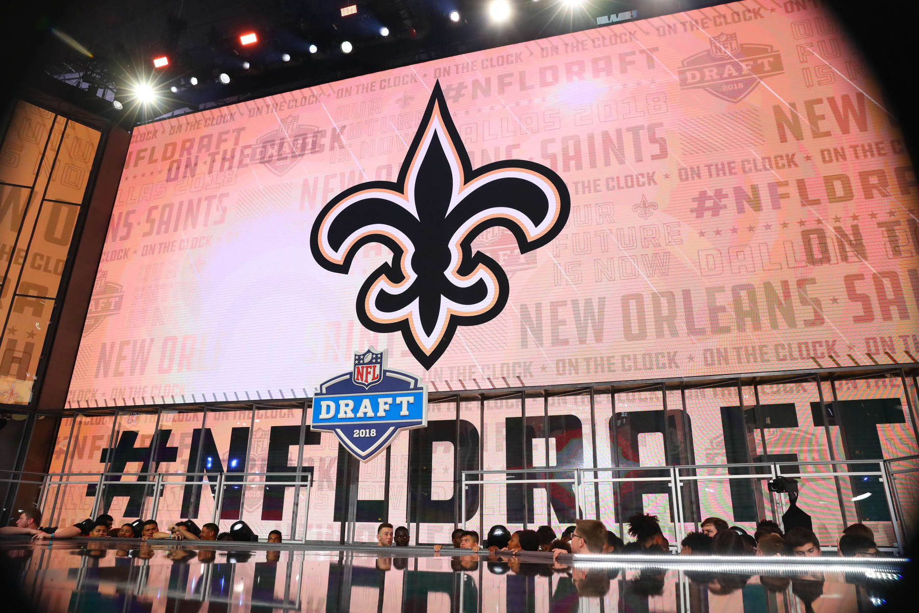 ARLINGTON, TX - APRIL 26:  The New Orleans Saints logo on the video board during the first round at the 2018 NFL Draft at AT&T Statium on April 26, 2018 at AT&T Stadium in Arlington Texas. (Photo by Rich Graessle/Icon Sportswire via Getty Images)