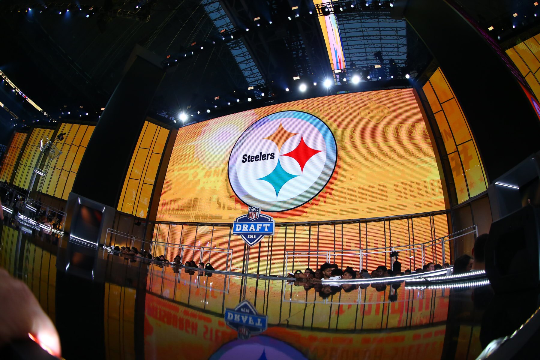 ARLINGTON, TX - APRIL 27:   The Pittsburgh Steelers Logo on the video board during the second round of the 2018 NFL Draft on April 27, 2018, at AT&T Stadium in Arlington, TX.   (Photo by Rich Graessle/Icon Sportswire via Getty Images)